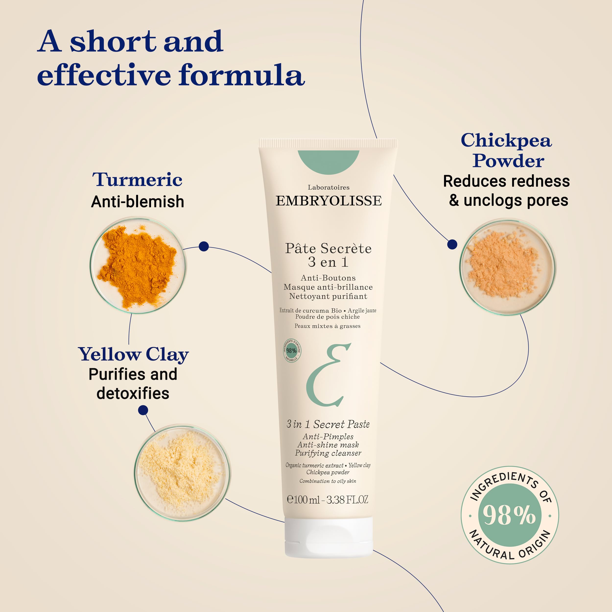 Embryolisse 3 in 1 Anti-pimples & Acne Treatment - Multipurpose Clay Mask to Control and Clear Breakouts - For Oily to Combination Skin, Paraben Free, Oil Free & Non-Comedogenic, 3.38 Fl Oz