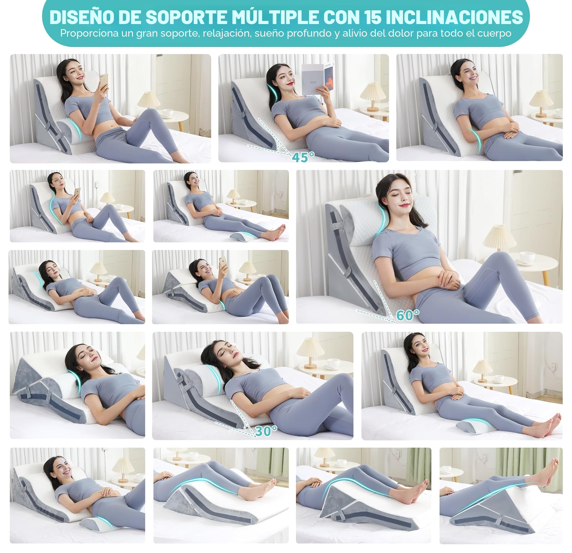 Almohada de cuña para dormir, juego de almohada ortopédica de cuña de cama, 15 en 1, almohada de cuña de espuma viscoelástica ajustable después de la cirugía, 9, 16 y 20 pulgadas de altura, almohadas