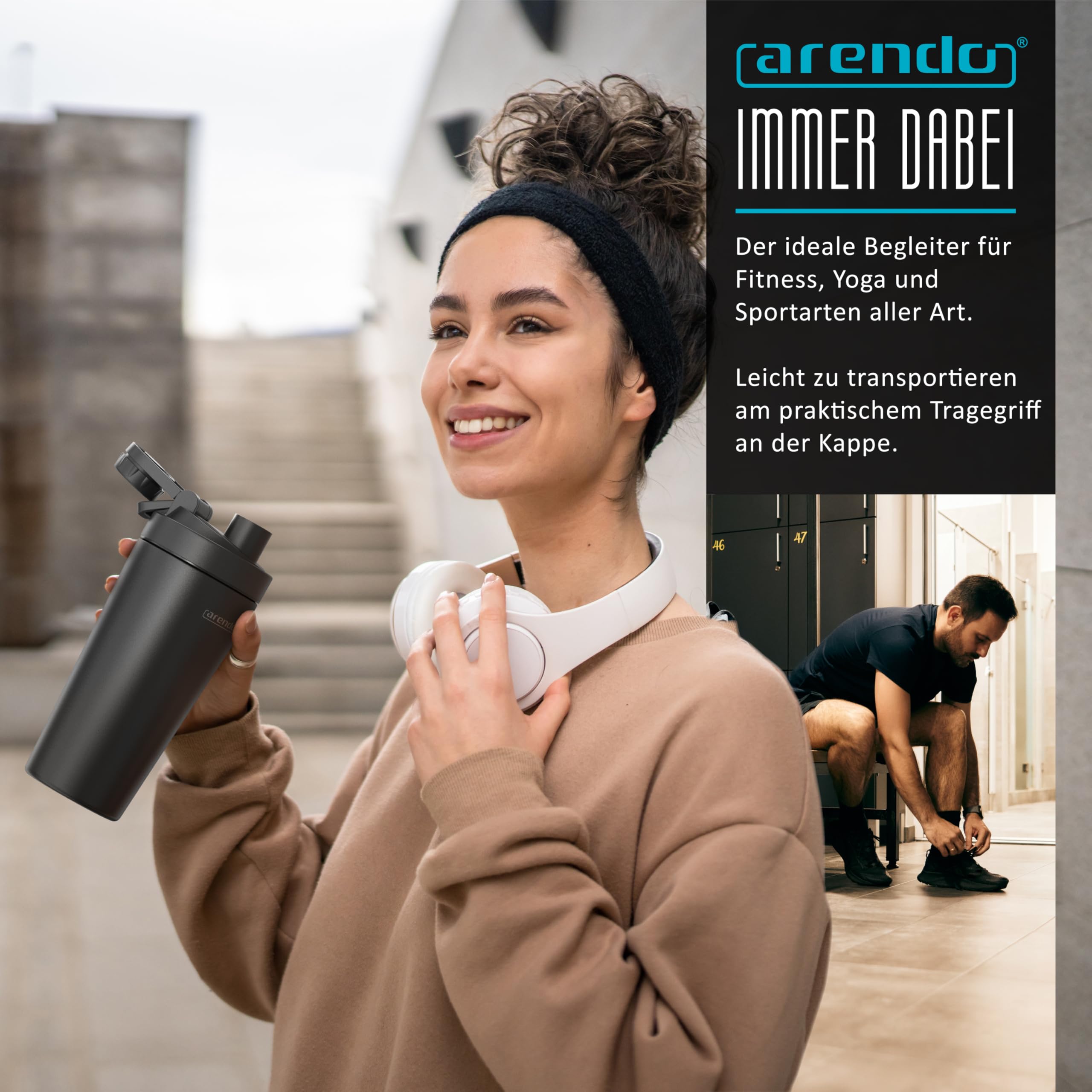 Arendo - Eiweiß Shaker Edelstahl 750ml, Protein Shaker mit Mixkugel, BPA frei, Mixbecher, Metall Premium Eiweißshaker, Tragegriff, Spülmaschinengeeignet, To Go für Yoga Fitness Sport, Schwarz - 4