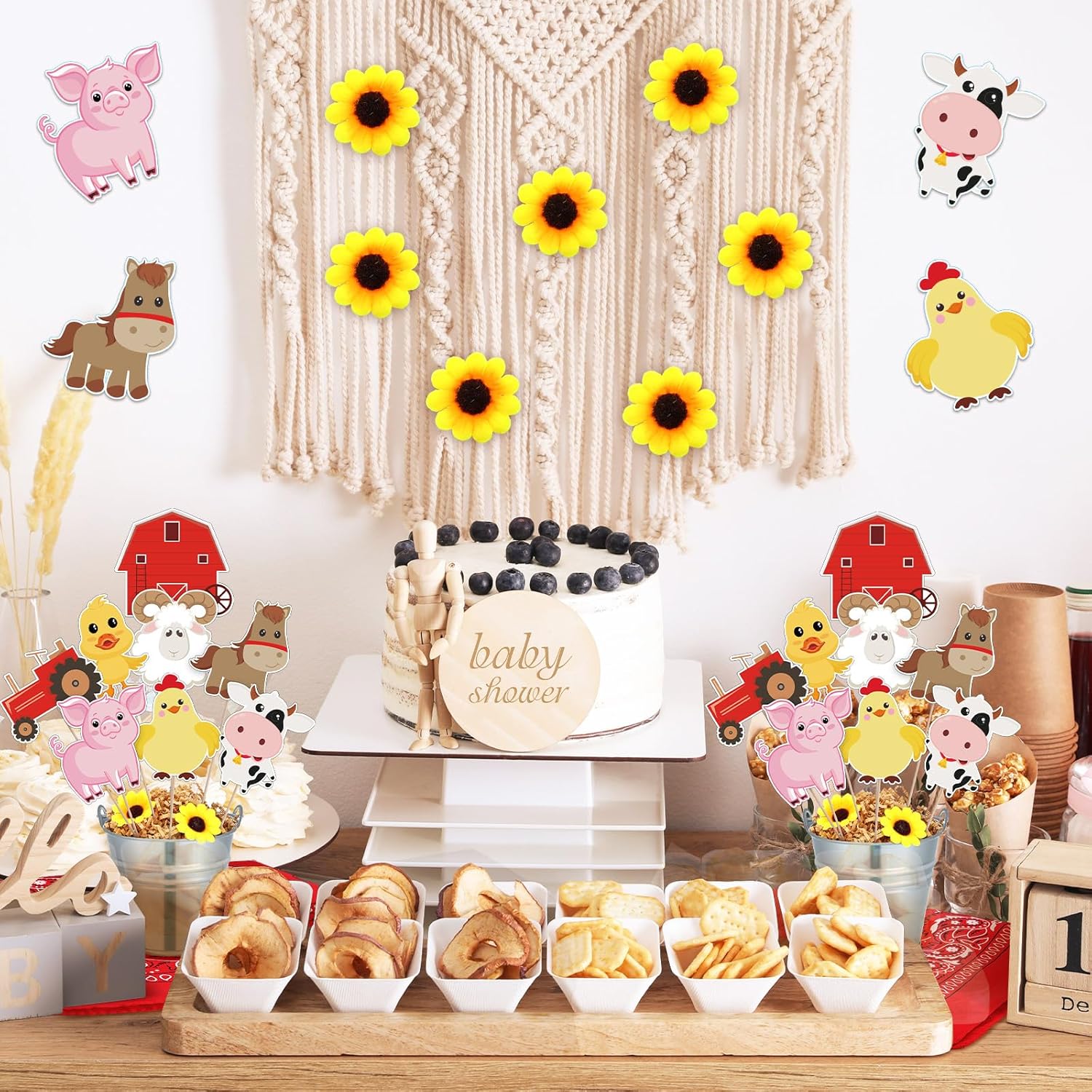 125 Pcs 6 Sets Farm Animal Party Decorations Centerpiece for Tables La Granja De Zenon Farm Birthday Party Supplies Baby Shower Table Toppers with Metal Buckets Cards