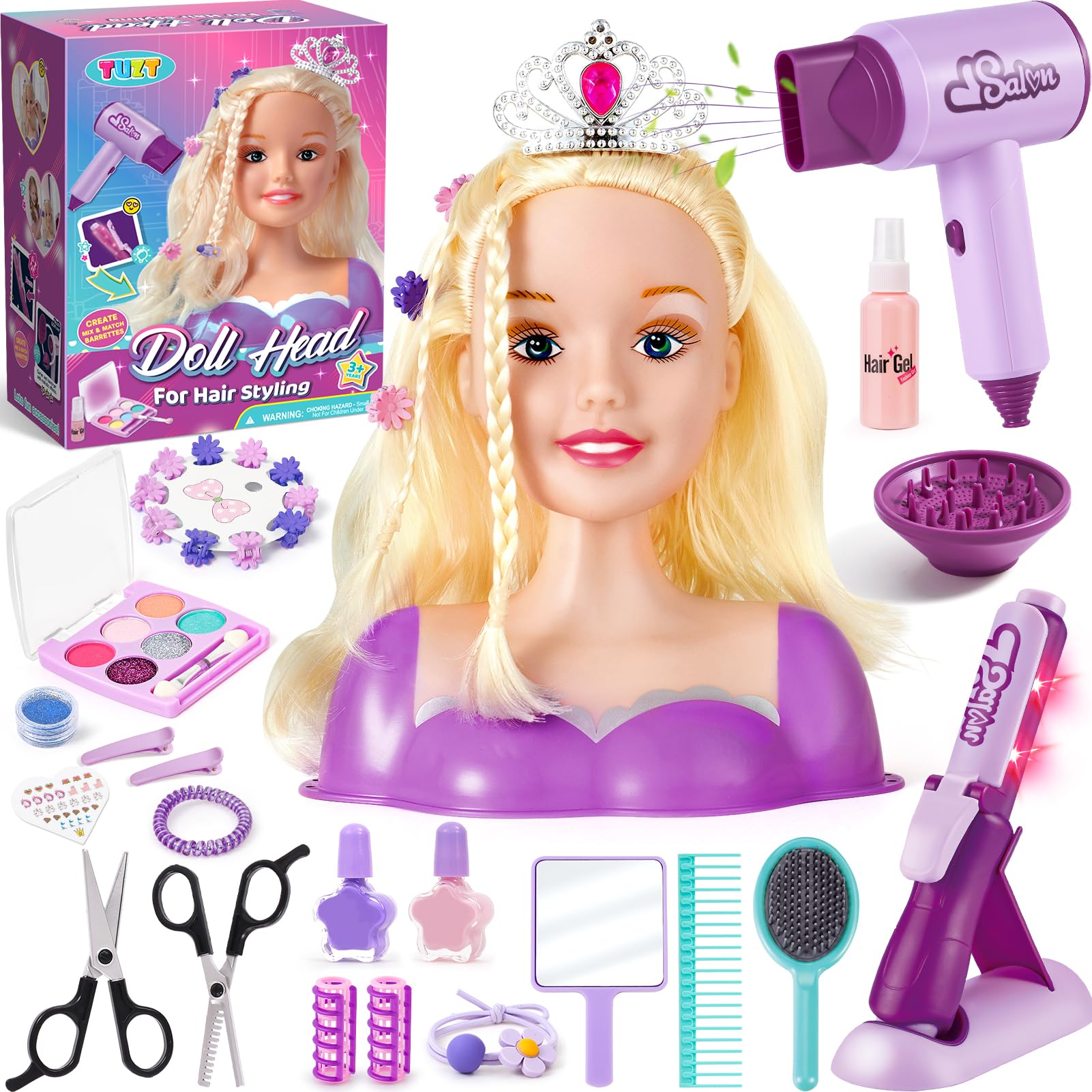 TUZT Doll Head for Hair Styling Kids, Hair Salon Toys &amp; Real Makeup Nail Polish, Kid Beauty Hair Stylist with Hairdryer Curling Iron, Birthday Gift for Girl 3 4 5 6 7 8 9 10 Year Old