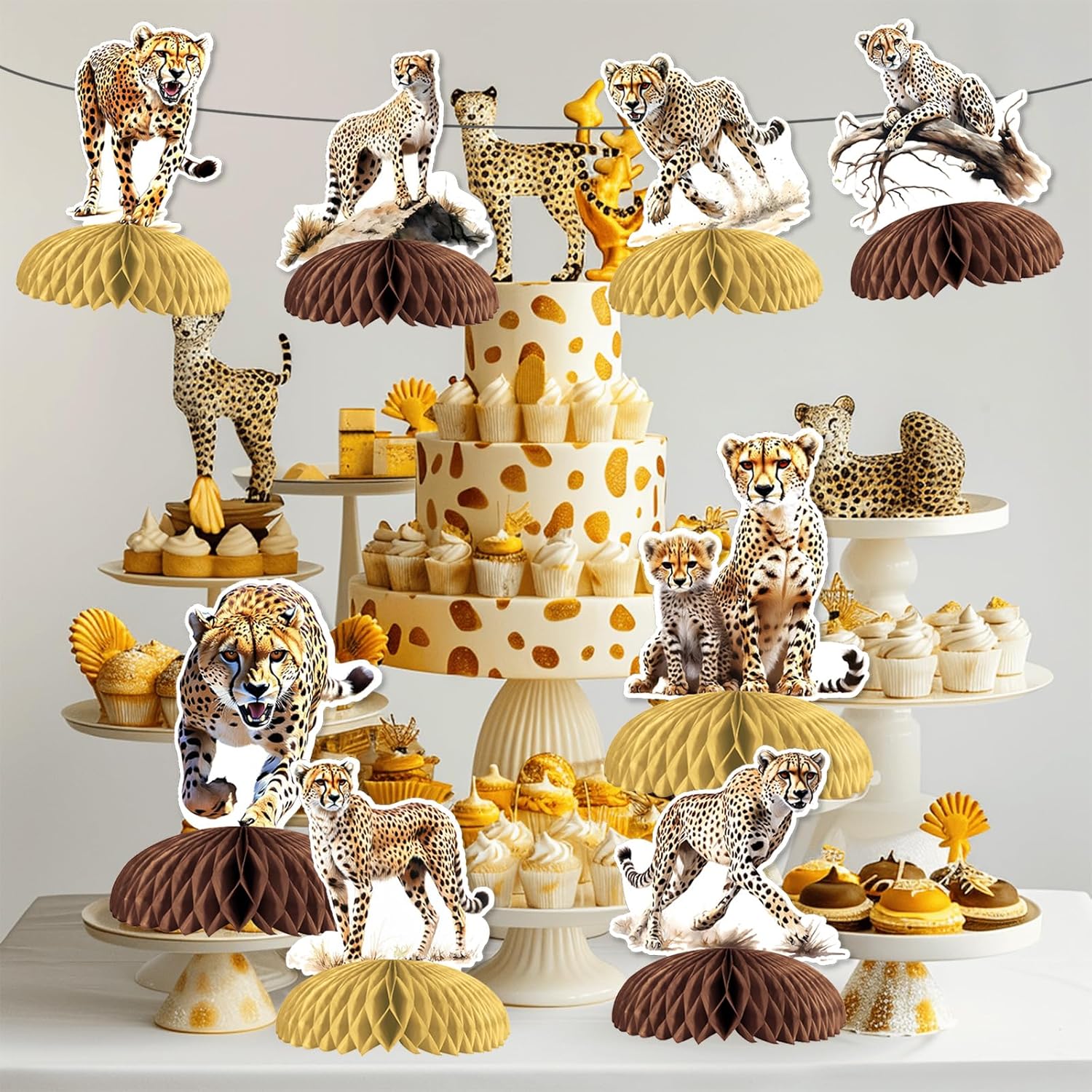 8Pcs Leopard Honeycomb Centerpieces Realistic Cheetah Table Centerpieces Safari Jungle Animal Table Decorations for Baby Shower Birthday Party Supplies