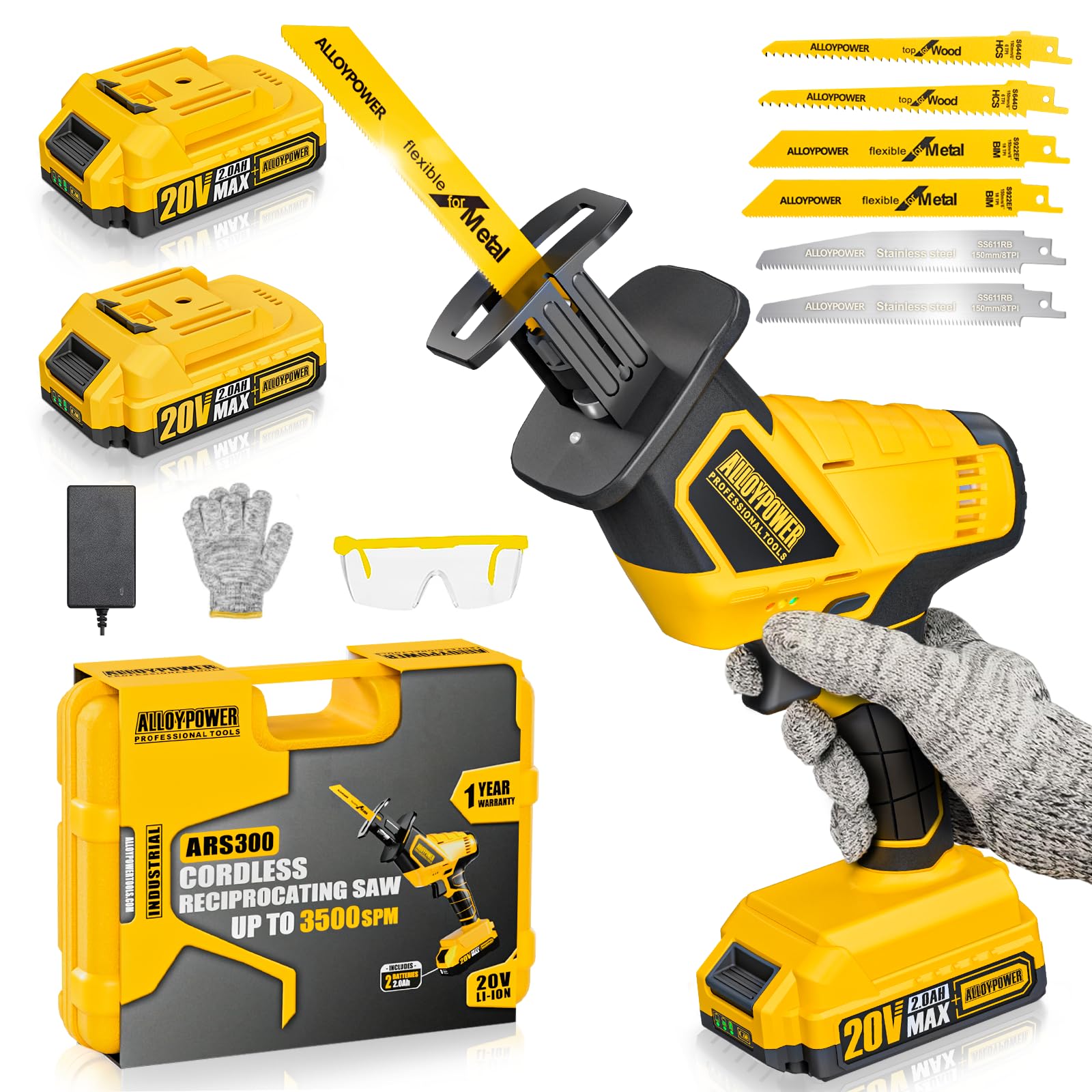 20V Cordless Reciprocating Saw, 0-3500 SPM, with 2 Packs Batteries, Tool-free Blade Change, LED Light Power Reciprocating Saws, 6 Saw Blades Kit for Wood/Metal/PVC Cutting Included