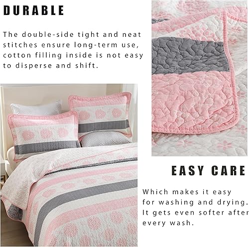 Miniatura 7 de Homzard Juego de edredón de algodón rosa Queen, juego de ropa de cama rosa, blanco, gris, colcha con patrón floral a rayas (90 x 98 pulgadas), 3