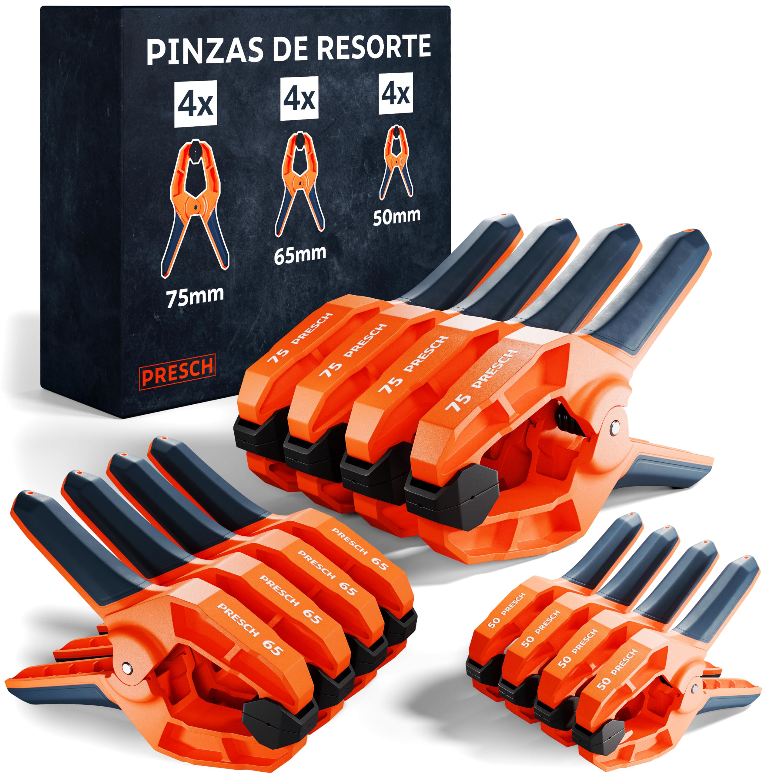 PRESCH Juego de pinzas grandes 12 pzs (50, 65 y 75mm) - Pinzas de resorte