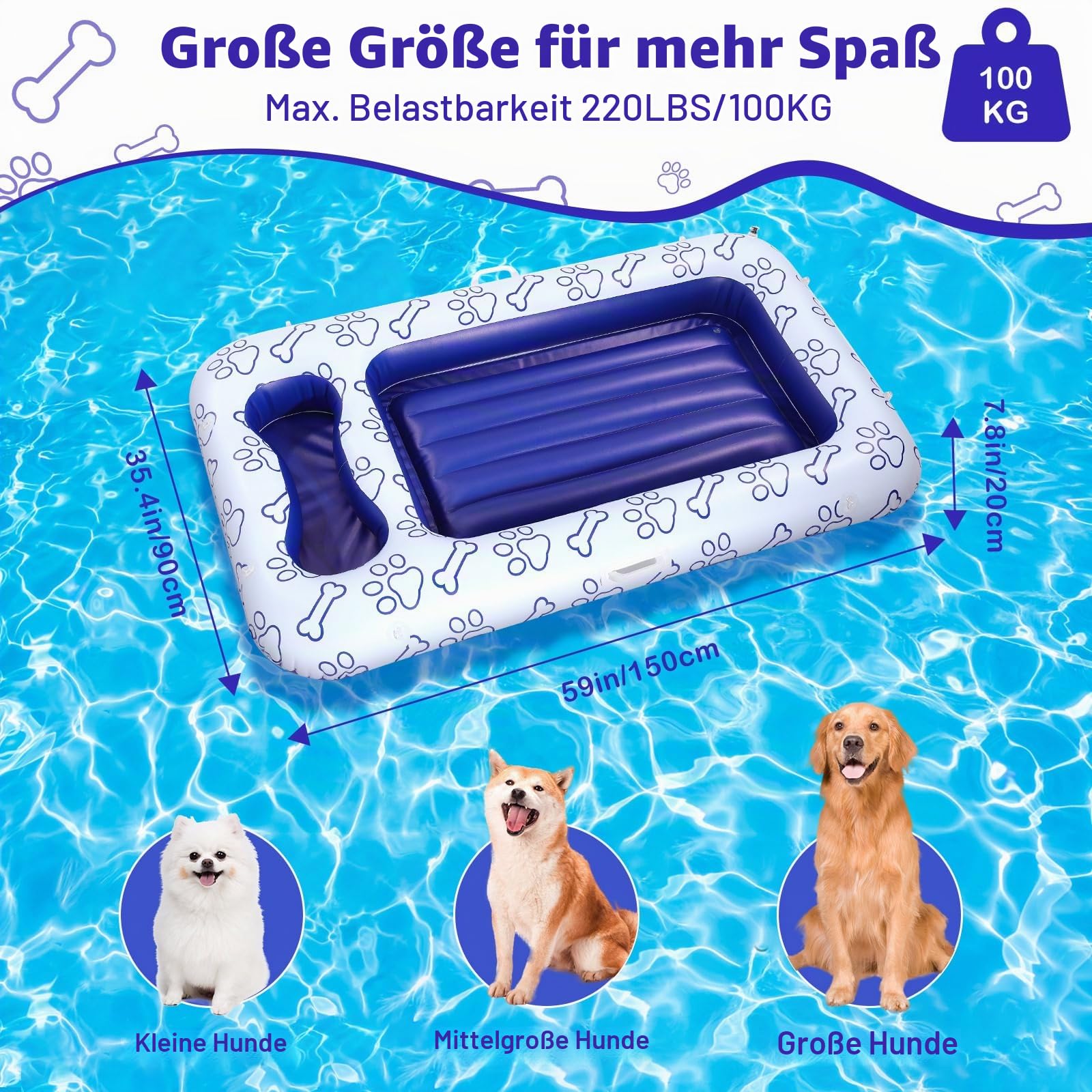 MoKo Pool Luftmatratze für Hunde, 150x90 cm für Hunde der Größen S/M/L, Schwimmmatratze mit Integriertem Staufach für Spielzeug und Futter, Aufblasbare Matratze, Blau Knochen Klaue