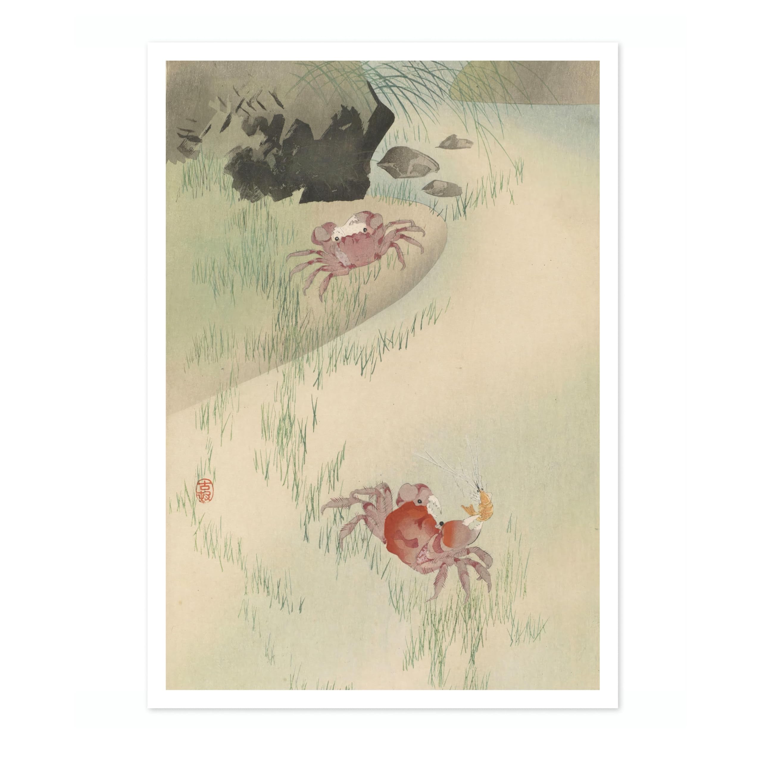 Two Crabs, Reeds Behind Ohara Koson Poster, Japanese Woodblock Ukiyo-E Print, Vintage Nature Art Picture Animal Painting Wall Art, Japan Artwork Home Decor, 50x70cm (Print Only) - 50x70cm