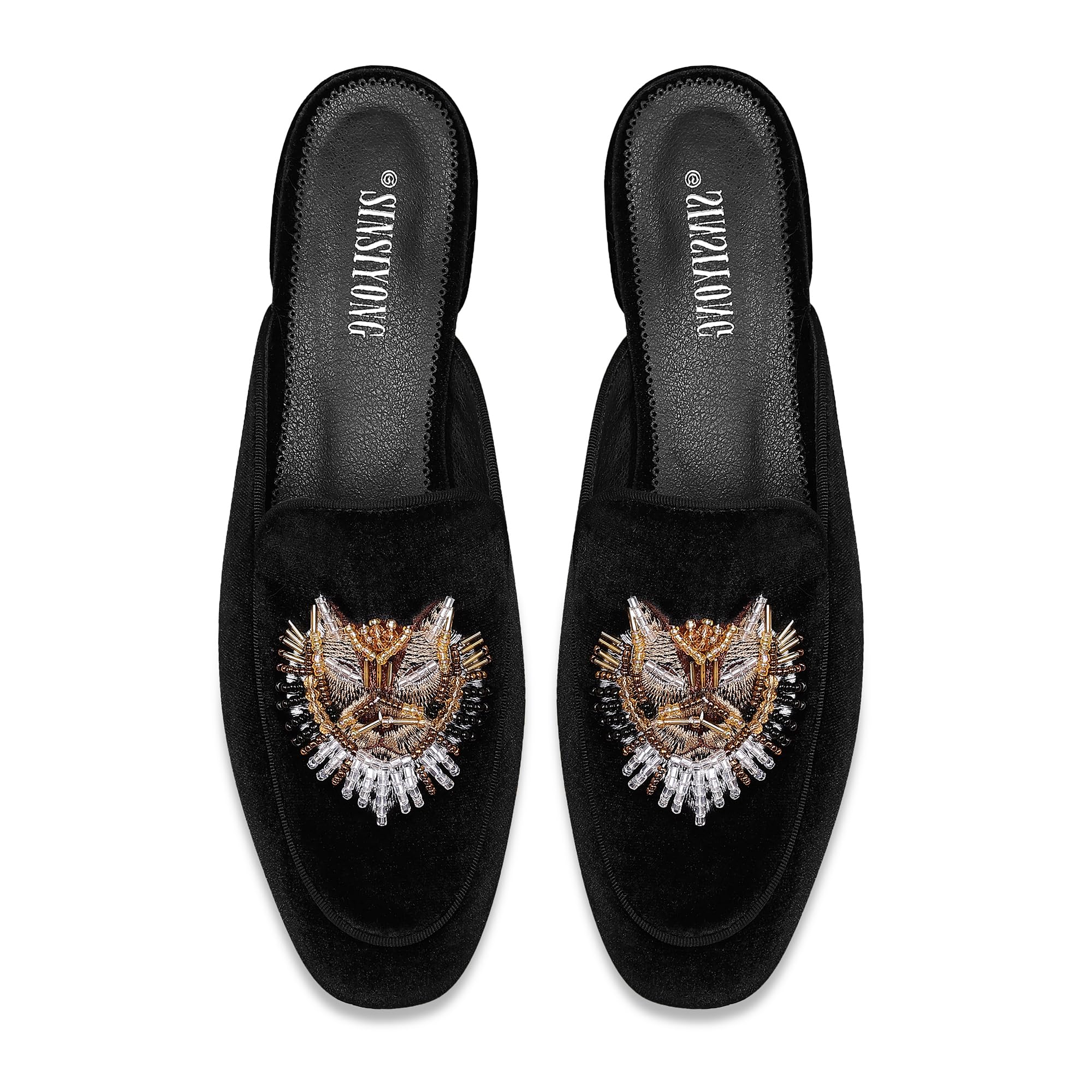 SINSIYONG Embroidered Mules for Women Round Toe Backless Velvet Mules Lion Head Pattern Loafers