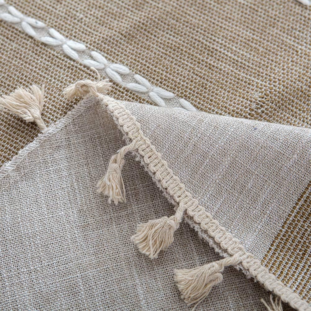 ColorBird Farmhouse Tablecloth Heavy Weight Stitching Tassel Cotton Linen Dust-Proof Table Cloth for Kitchen Dinning Tabletop Decoration (Round, 60 Inch, Linen)