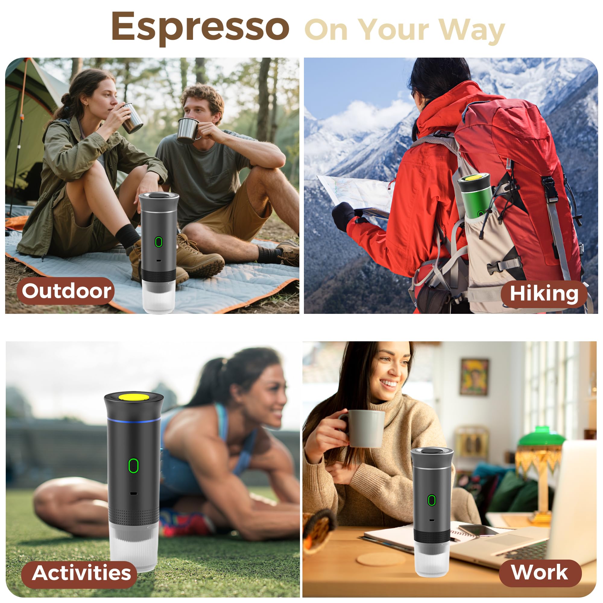 Machine à Café Portable, 3 en 1 Cafetière Expresso avec Support et Sac, Batterie Rechargeable 7500mAh, Compatible Capsules et Café Moulu, Pour Voyage, Camping, Voiture, Bureau (Vert)