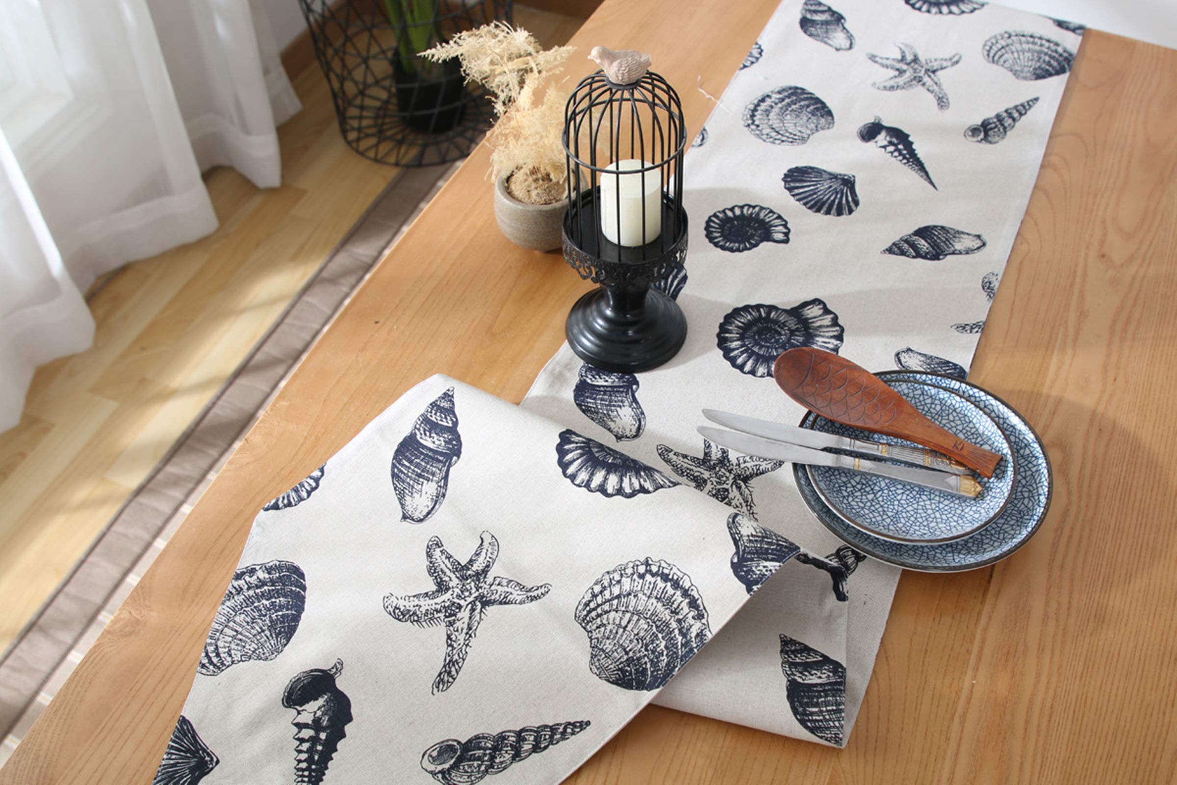 Tischwäsche Landhaus, Tischläufer Deko Grau Muschel Seestern Tischläufer Cotton 33x240CM