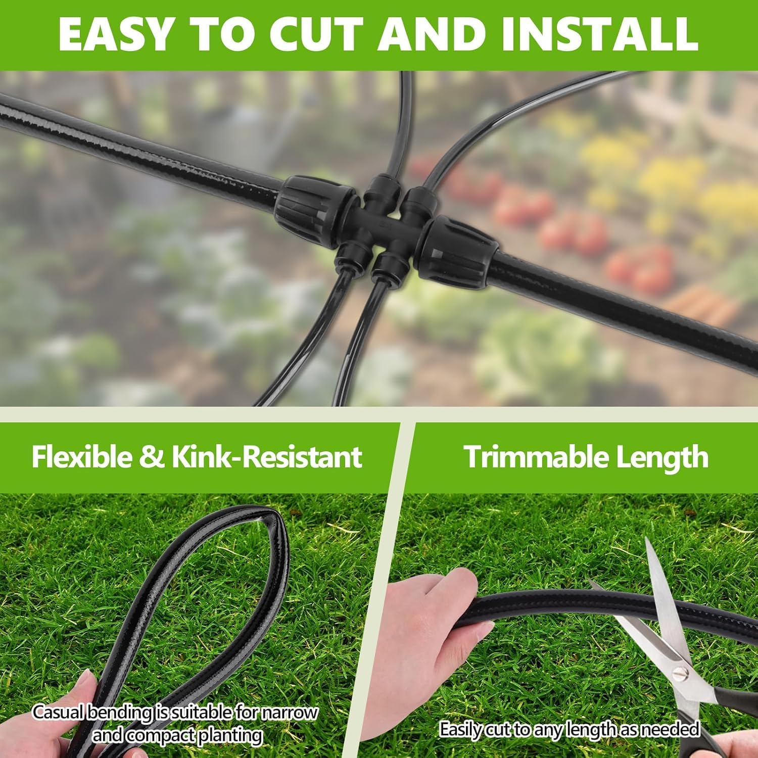 Kit de Tubo de Goteo 15m 1/2", Manguera de Riego para Sistema de Riego de Jardín, Tubo Distribuidor PVC Negro (Incluye Conector de 6 Vías, Tapones de Extremo 1/2" y 1/4")