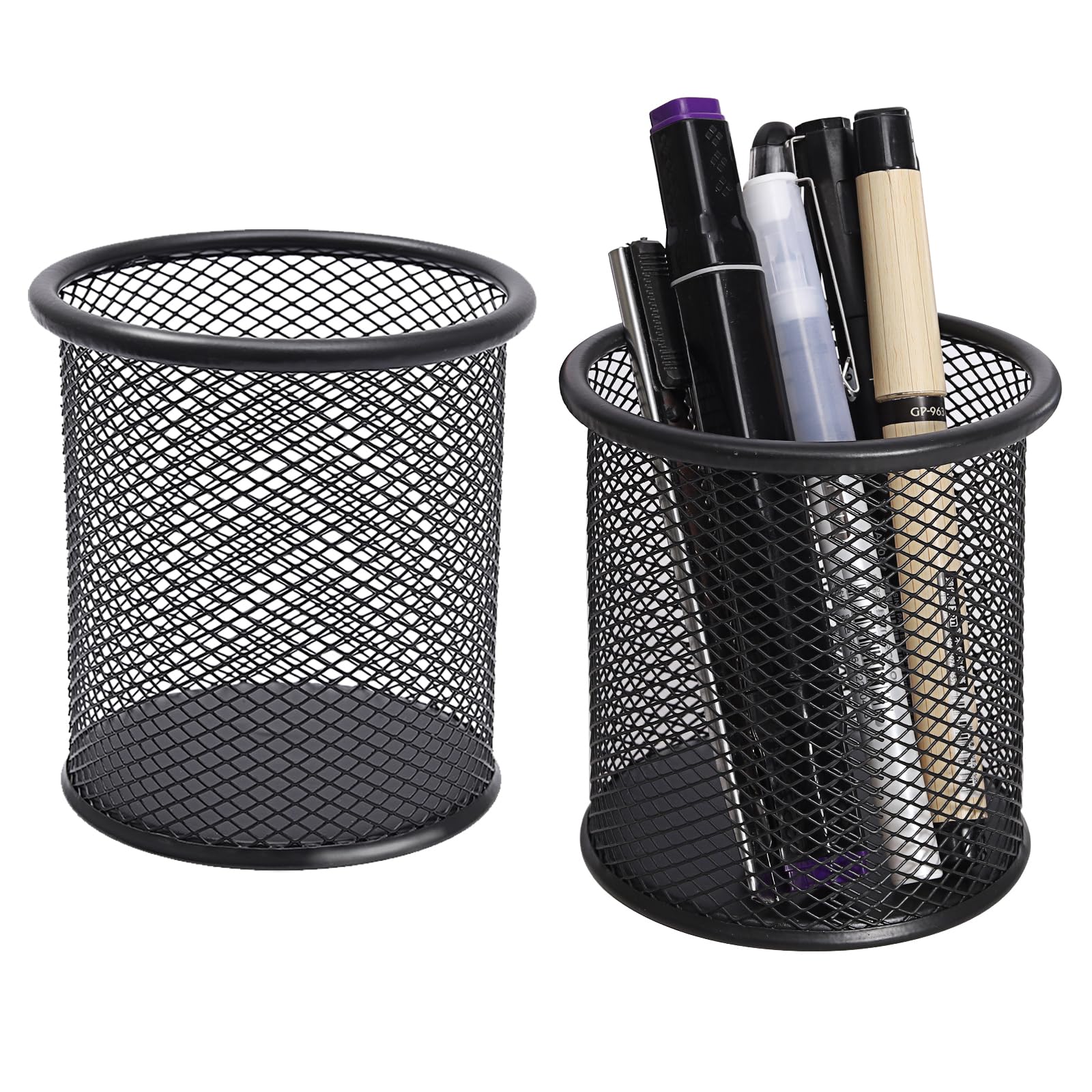 DARUITE Pen Pot, 2PCS Round Metal Mesh Pen Holder for Desk, Multifunctional Pencil Pot, Desk Tidy Organiser for Office Home School, Black — image 1