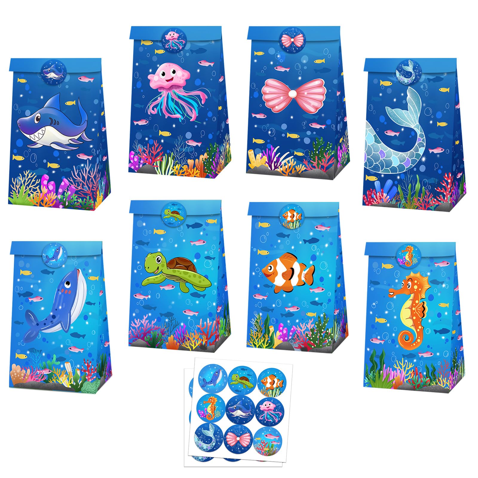 MORAINJAY 12 Pcs Under the Sea Party Bags, Blue Ocean Sea Paper Gift Bags, Shark Mermaid Whale Theme Favor Goodie Bag, Marine Animals Birthday Party Decorations, with 18 Stickers