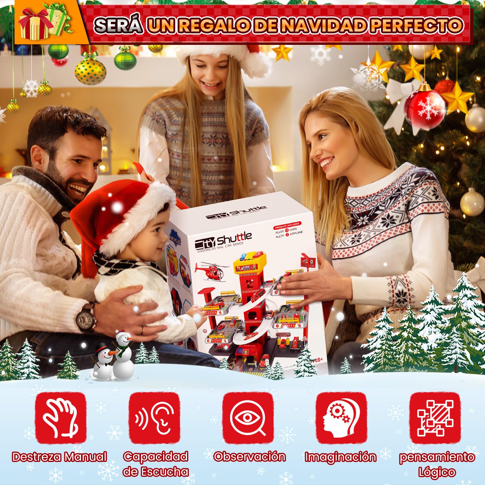 BuzzoXerex 5 Plantas Garaje Coches para Niños, Parking Molto con 14 Coches y 2 Helicóptero, Parking Juguete con Pista de Coches y Ascensor, Educativos Regalos para Niños 5 6 7 8 9 Años (Rojo)
