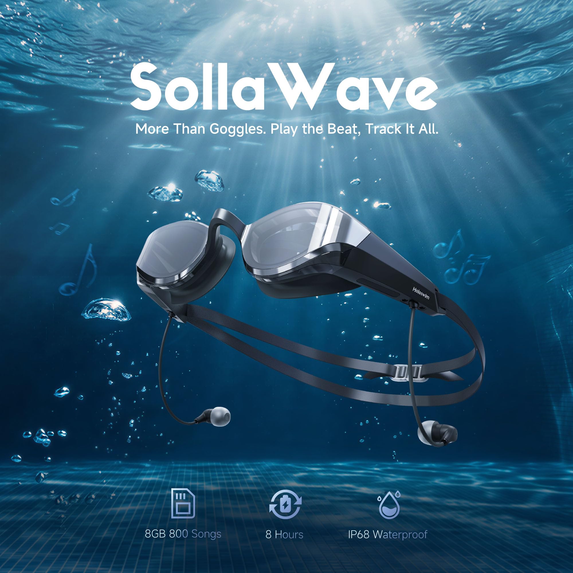 SollaWave AI Music Smart Schwimmbrille mit integrierten Schwimm-Kopfhörern, Echtzeit-Sprachfeedback + MP3-Player, 9-Achsen-Bewegungssensorik, IP68 wasserdichte Kopfhörer zum Schwimmen App & KI-Analyse
