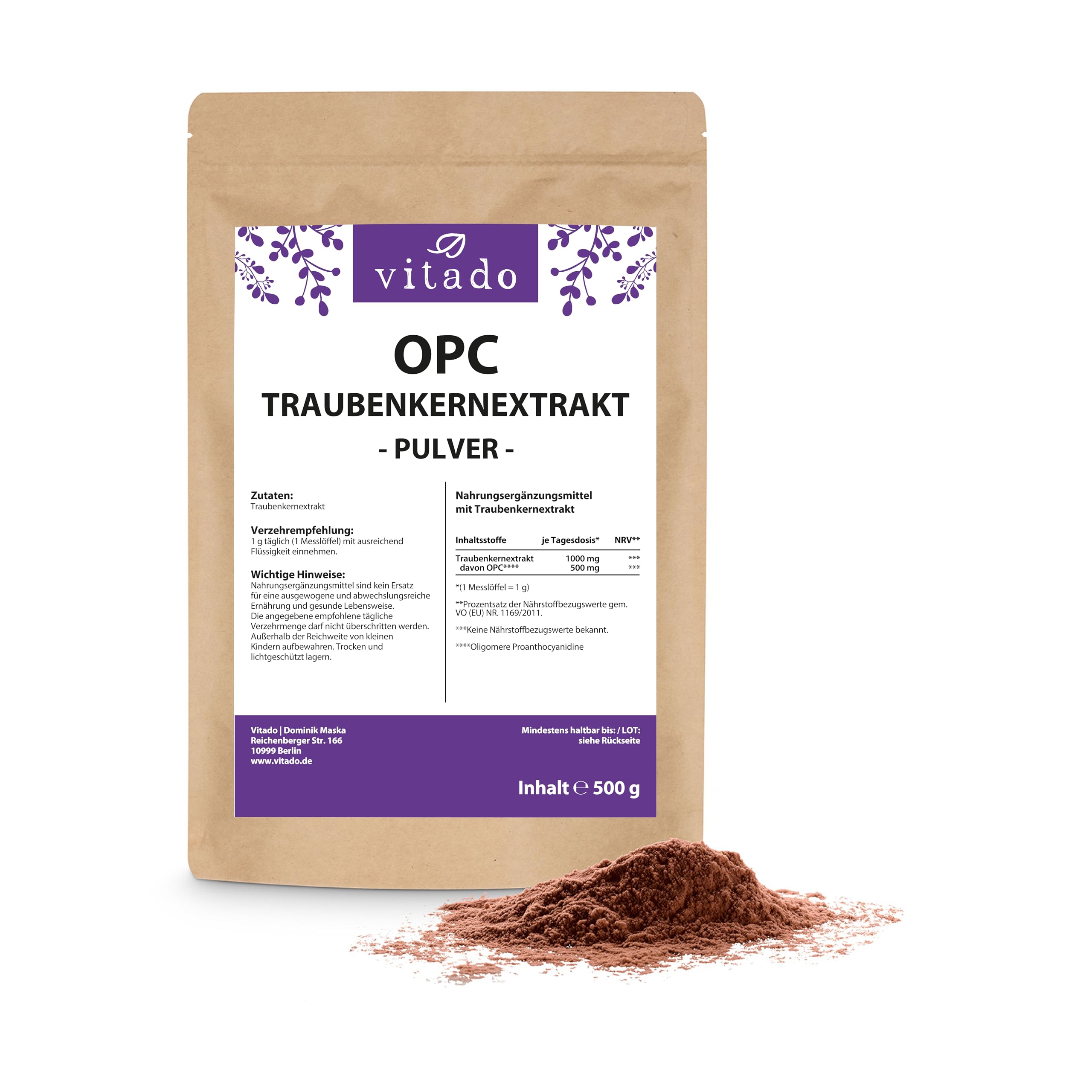 OPC Traubenkernextrakt hochdosiert - 500g OPC Pulver ohne Zusatzstoffe - Made in Germany - Laborgeprüft - Vegan