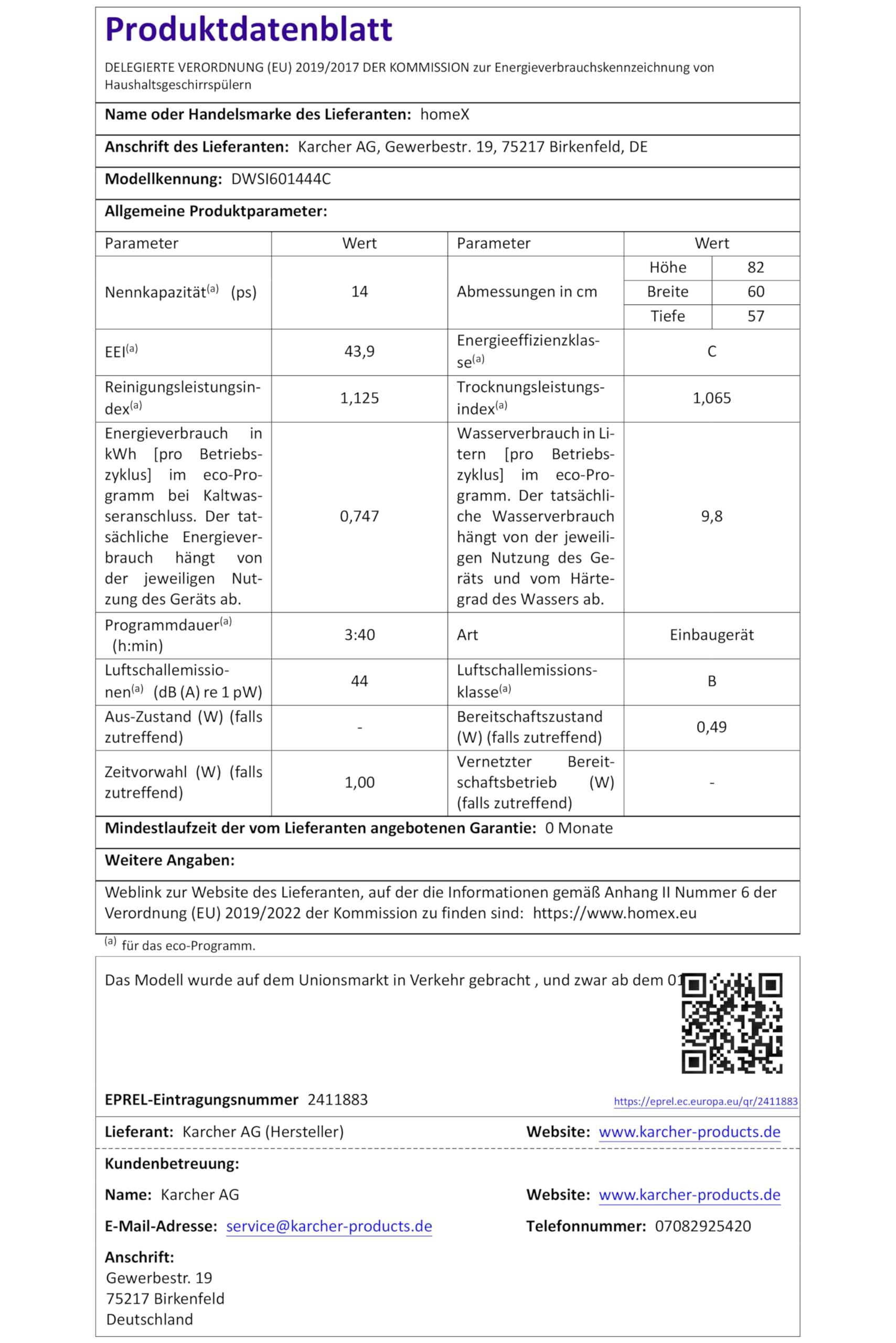 homeX Geschirrspüler 60 cm teilintegrierbar 14 Maßgedecke 7 Programme AquaStop 44 dB DWSI601444C
