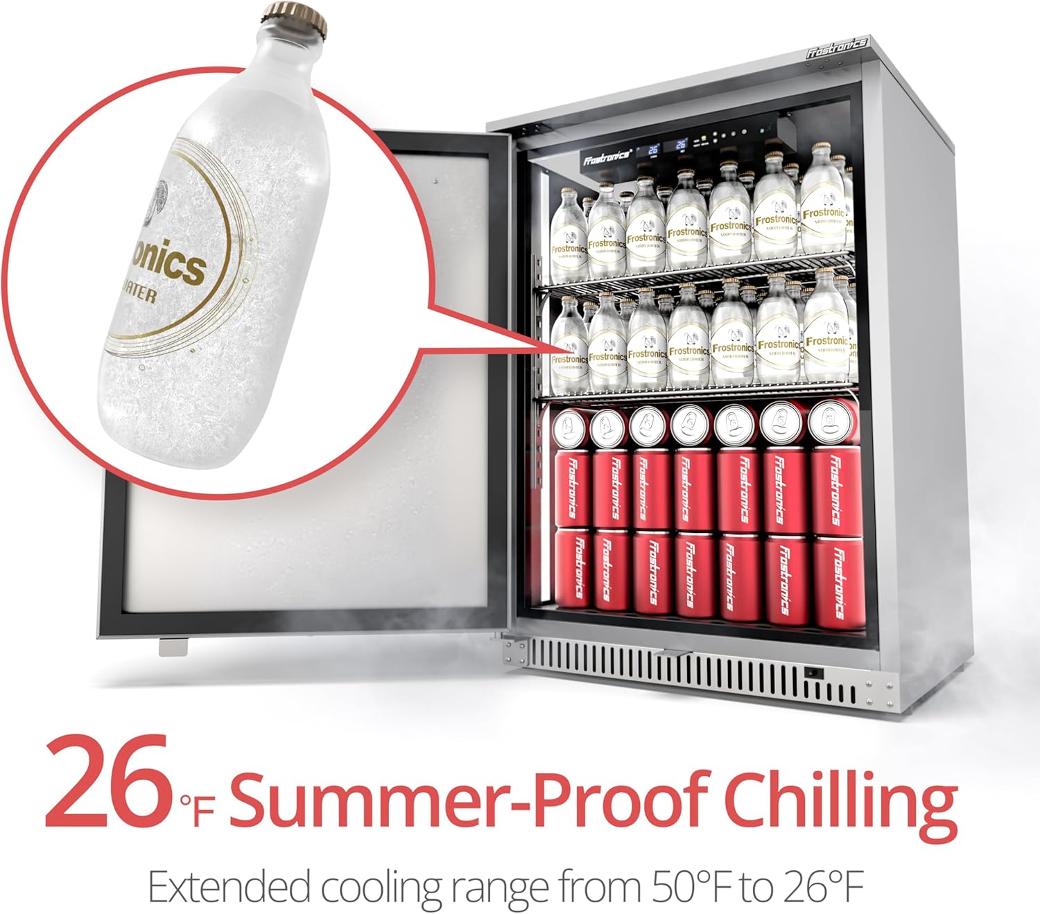 24 Inch Outdoor Beverage Refrigerator, 140-Can Built-In or Freestanding Beer Fridge with 21-Inch Shallow Depth, 26°F Dual-Fan Cooling, Winter Mode, Full SUS304 for Patio Outdoor Kitchen