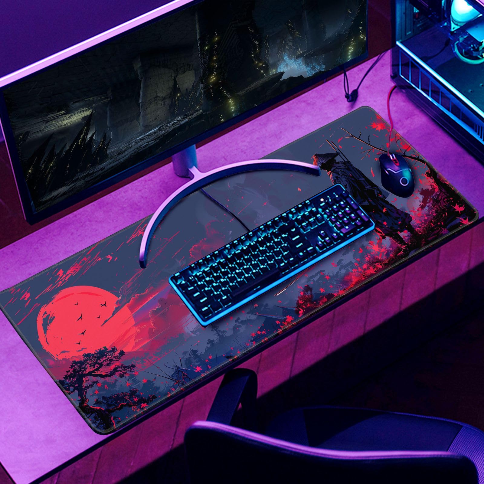 Darkness Red Moon XL Desk Mat - 31.5"x11.8" Japanese Mouse Pad, Non-Slip Base - View #9