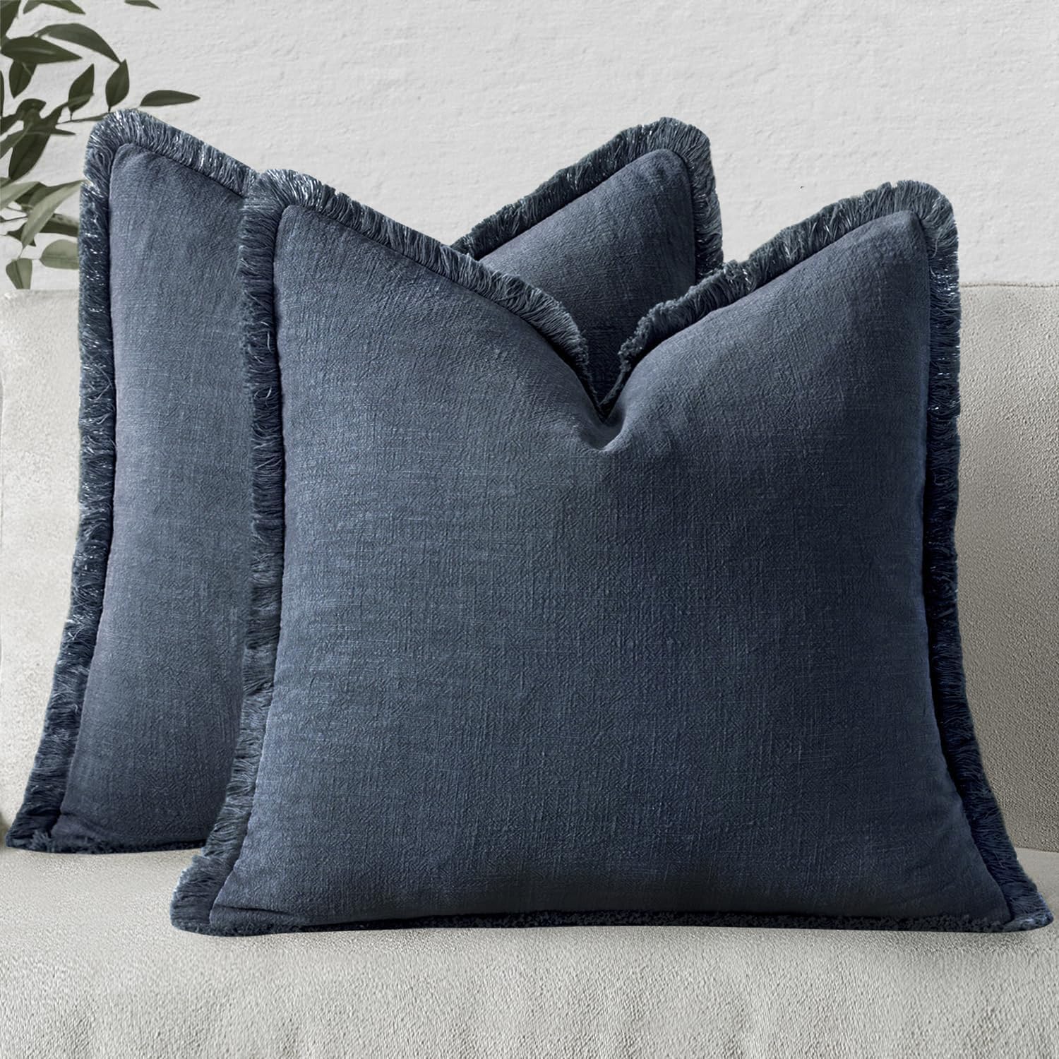 MIULEE Linen Fringe Decorative Euro Throw Pillow Covers Indigo Blue 22x22