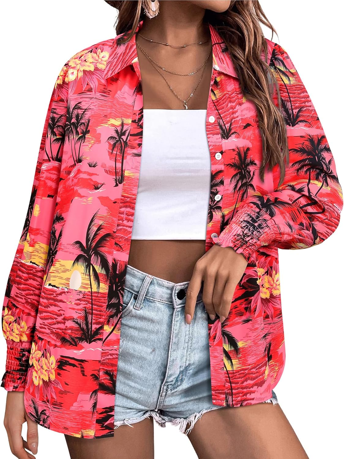 Womens Button Down Hawaiian Shirts Puff Long Sleeve Dressy Casual Floral Printed T-Shirt Trendy V Neck Comfy Boho Blouse Tops