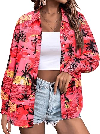 Womens Button Down Hawaiian Shirt Puff Long Sleeve Casual Floral Print Top