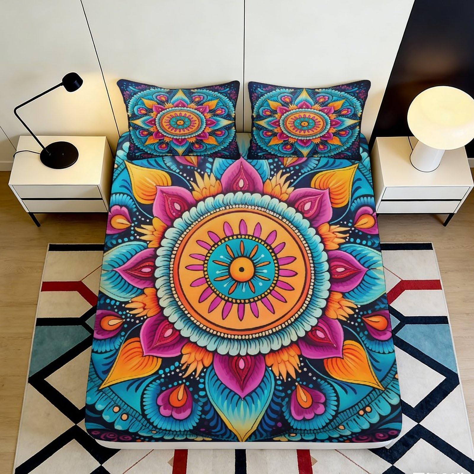 3D Printed Mandala Blossom Fitted Sheet Microfiber Vibrant Boho Sun Art Mattress Cover Bedroom Décor 90x200x25cm