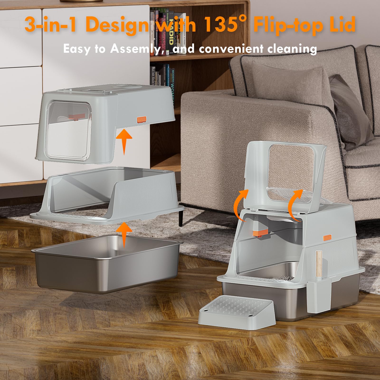 Smart Odor Control Stainless Steel Cat Litter Box with Lid, Smart Cat Litter Box with Infrared Sensor, Large Automatic Litter Boxs for Cats, 3 in 1 Design and 135° Flip-Top, Litter Scoop & Foot Pedal - image 4