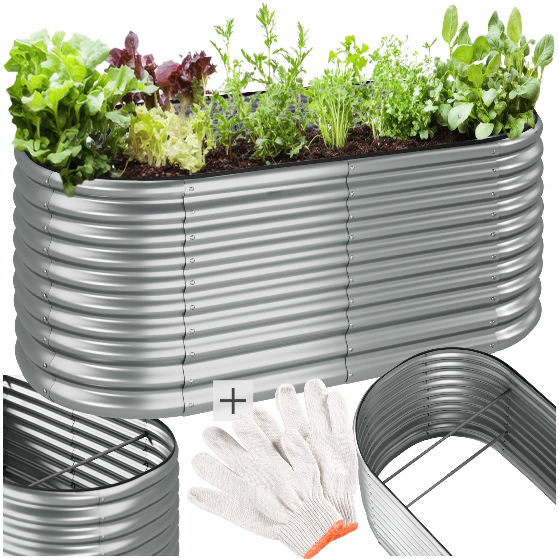 tectake® arriate Rectangular sin Base, Acero Resistente a la Intemperie, huerto Urbano, jardineras Exterior, Usar con Tierra para Plantas, Incluye Guantes - 100 x 200 x 80 cm Plateado Redondeado
