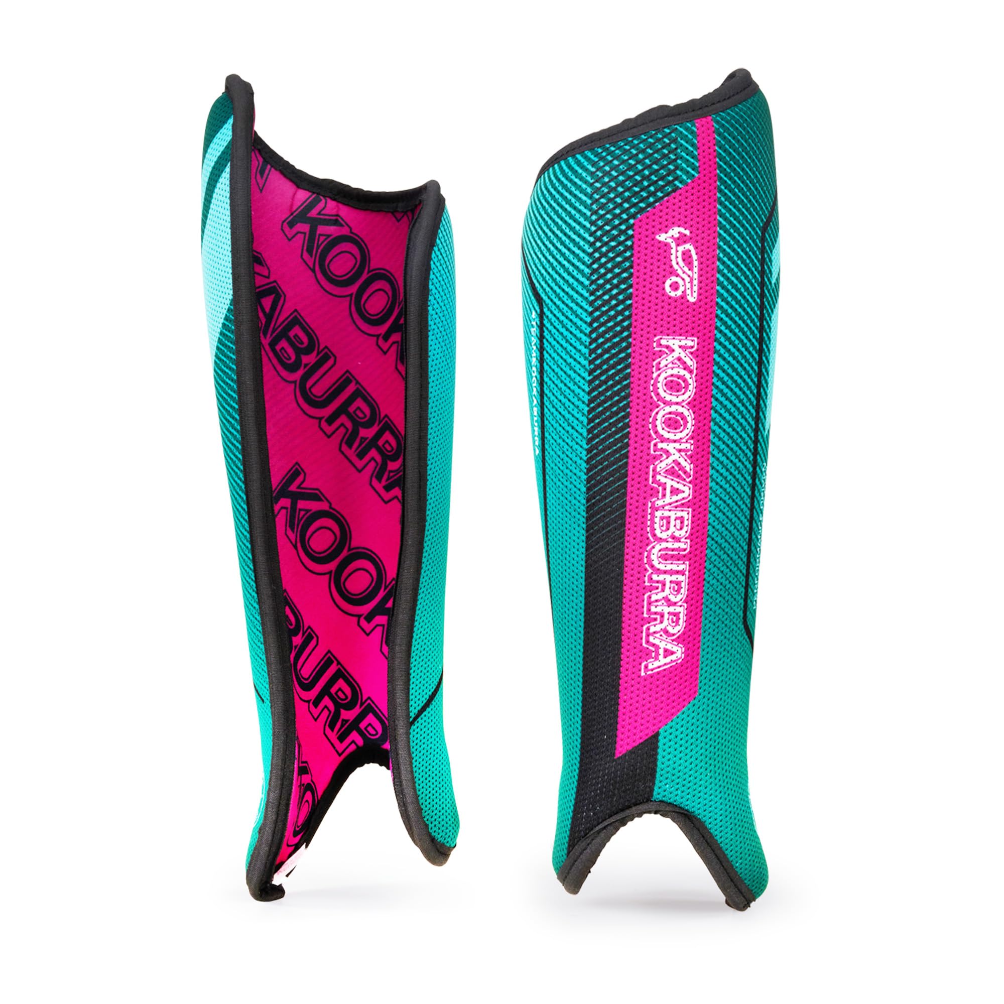 Kookaburra Marine/Pink Kookaburra Convert Shin Guards - Large | PVC shell, foam lining & sublimated design. Lightweight protection for junior & club hockey players.