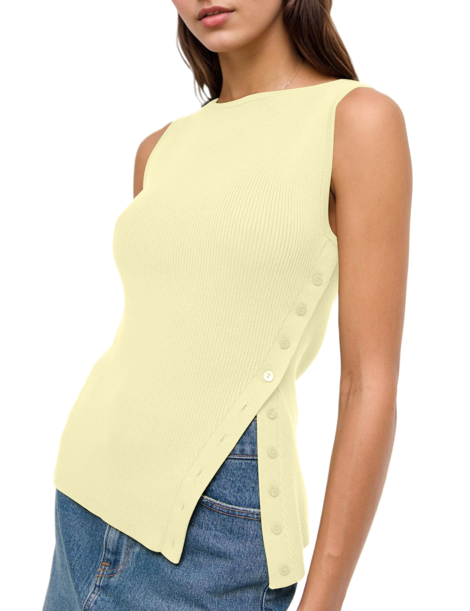Women Asymmetrical Button Down Side Split Sleeveless Tank Tops Boat Neck Slim Fit Summer Casual Side Button Knit Vest-image-26
