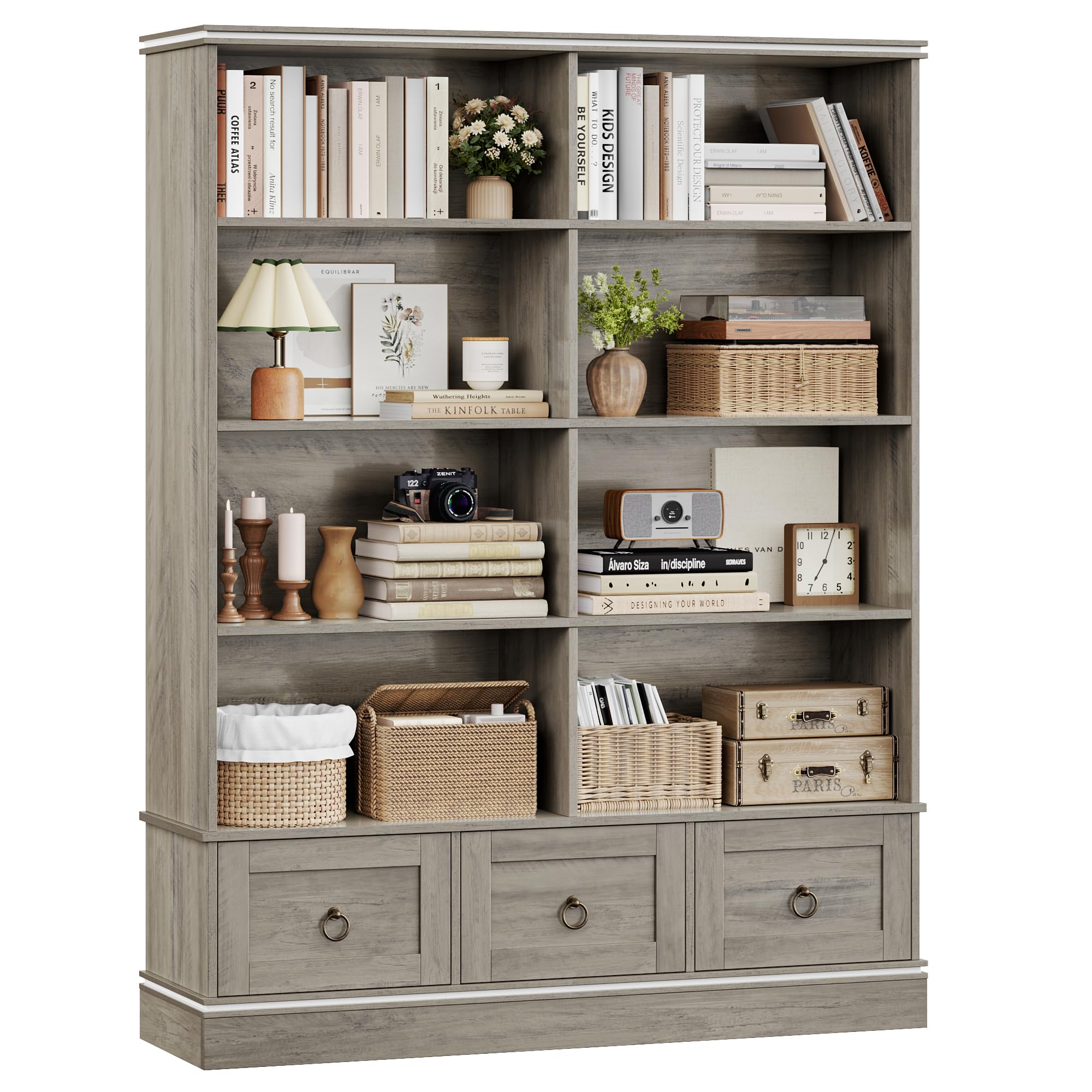 HOSTACK Farmhouse Bookshelf and Bookcase, 47" Wide Bookcase with Drawers, 5 Tier Book Shelves with Storage, Large Display Shelves, 63" Tall Wood Standing Shelving Unit for Office, Study, Ash Grey