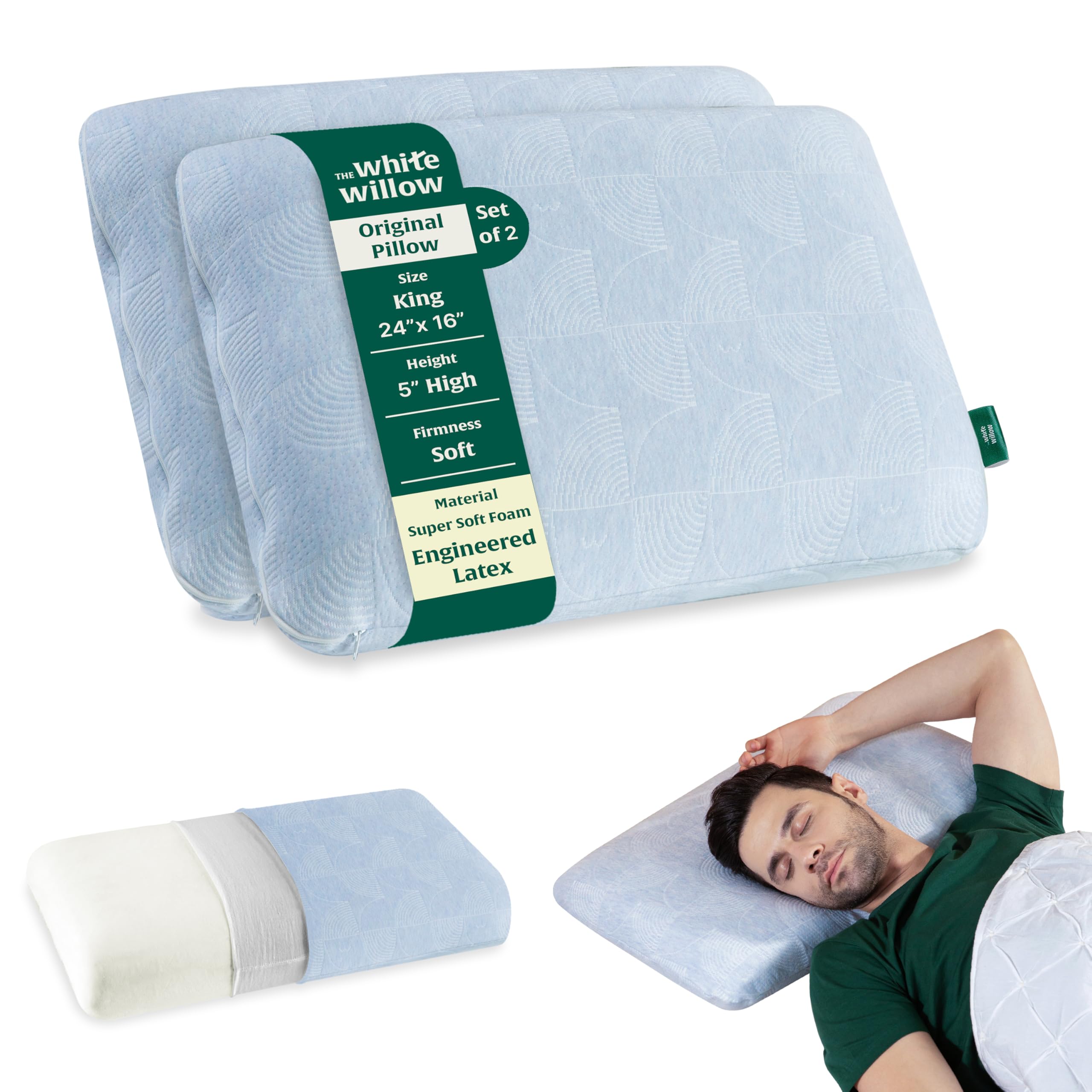 The White Willow Pillow Set of 2 for Neck & Shoulder Pain-Engineered Latex Soft Pillow-Cervical Pillow for Sleeping-Orthopedic Pillow for Back, Side & Stomach Sleepers-Thick-Soft-King Size-5" H-Blue discount deal