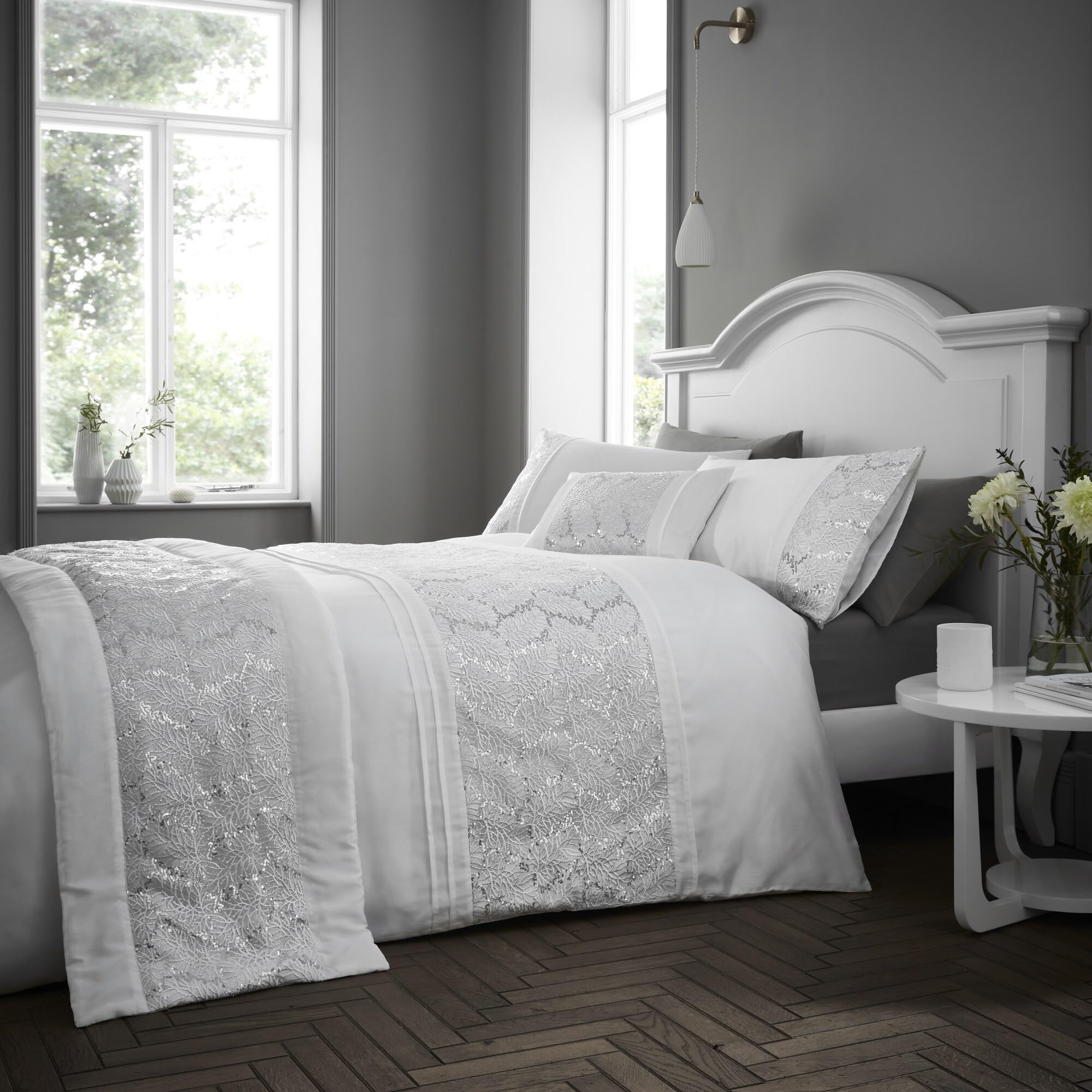 Portfolio Home Rouen Embellished Sequens Geometric White Double Soft Easy Care Bed Linen Bedding Duvet Cover Quilt Set With Pillow Cases