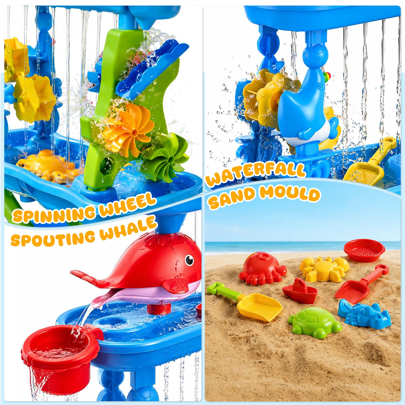 4 Livelli Tavolo Acqua e Sabbia per Bambini ,4 In 1 Tavolo D'acqua Bambini All'aperto con Accessori da Spiaggia(Stampo per Sabbia,Paletta,Annaffiatoio) per Spiaggia,Giardino e All'aperto,per 3+ Anni