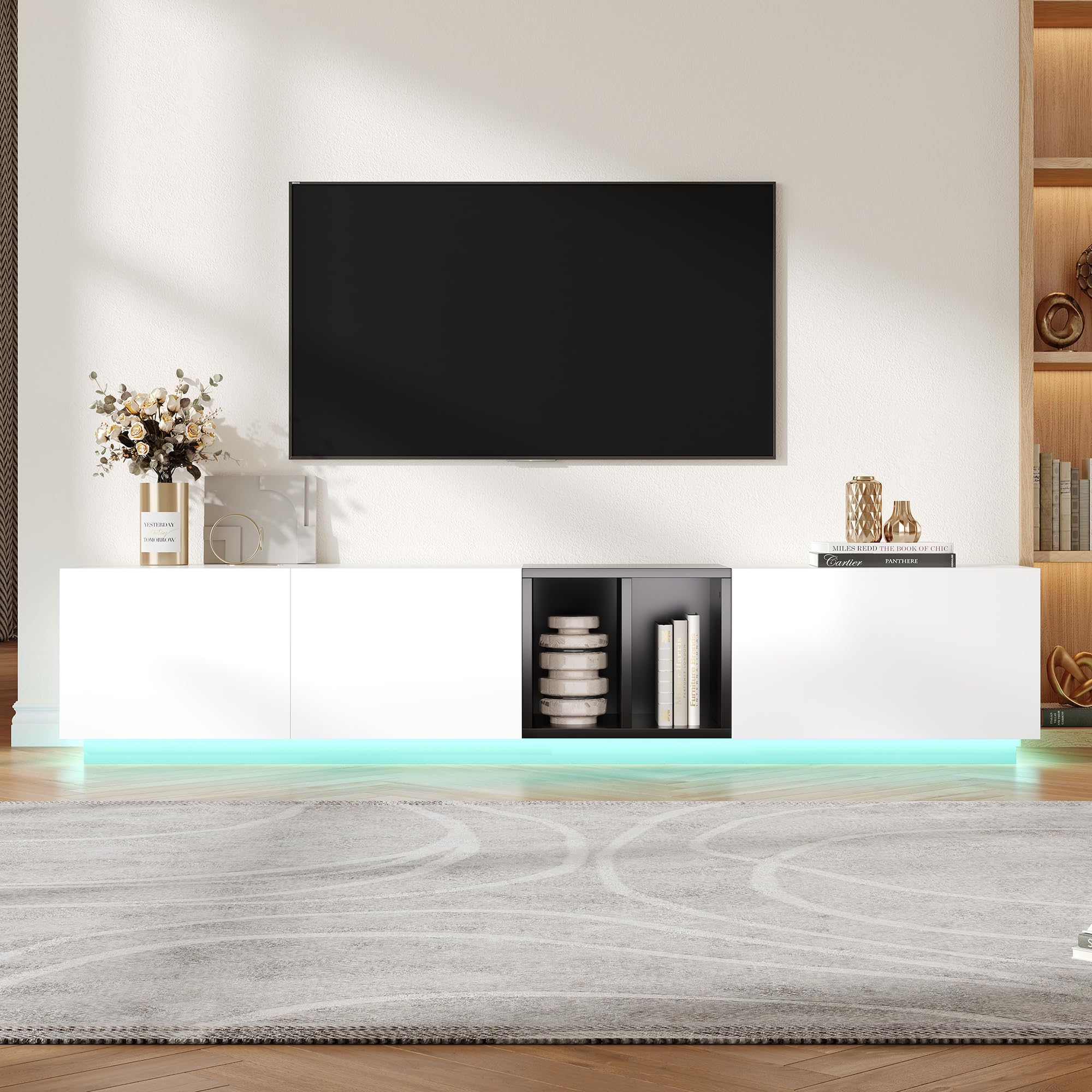 Azkoeesy Mueble de TV con iluminación LED de 190 cm, con cajón y puerta de armario, mueble de TV para salón, color blanco y negro (190 x 40 x 35 cm)