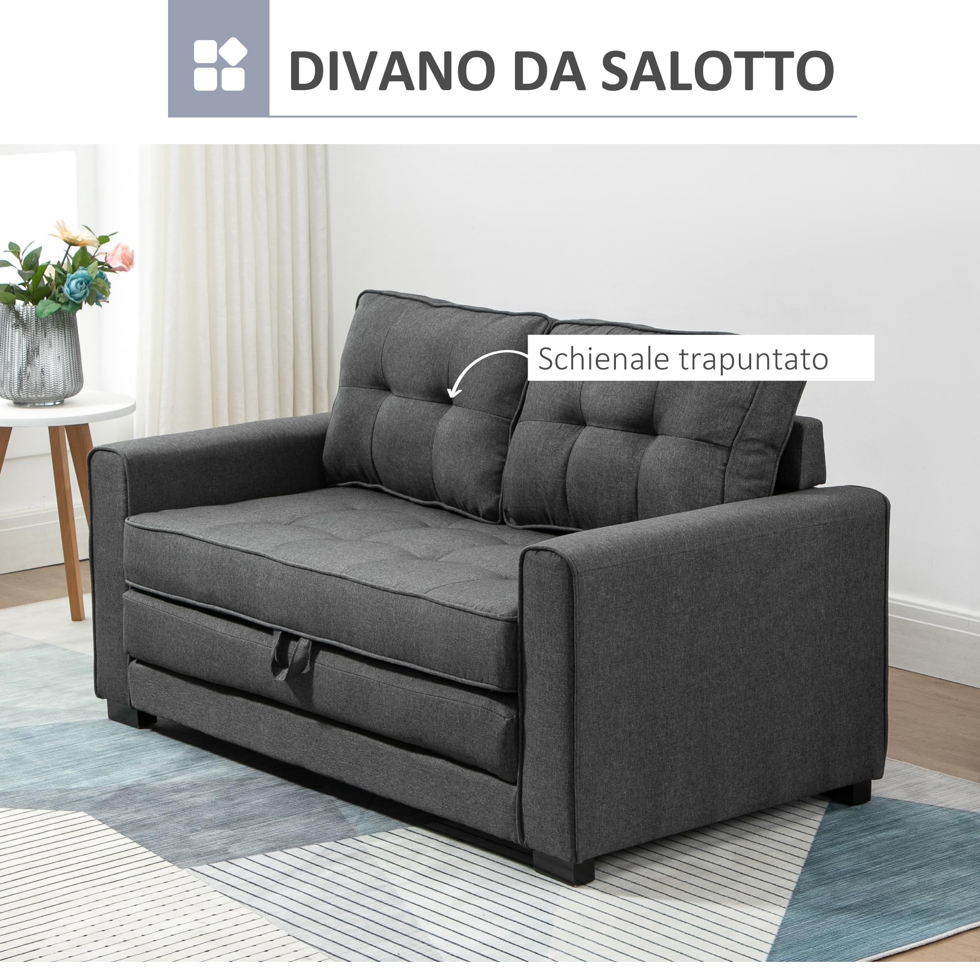 HOMCOM Divano Letto 2 Posti con Seduta Imbottita Pieghevole 37 cm Grigio