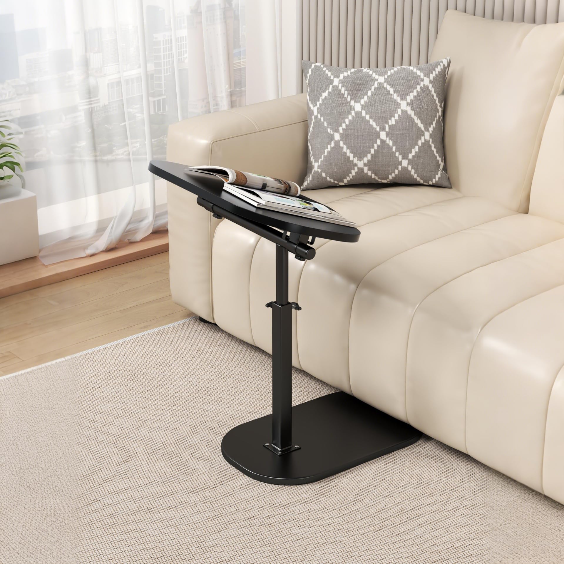 Mesita Auxiliar en Forma de C - Altura Ajustable, Giro de 360°, Base de Metal, Soporte abatible para portátil, Mesa de Centro móvil para sofá y Cama, Tablero de Madera Maciza