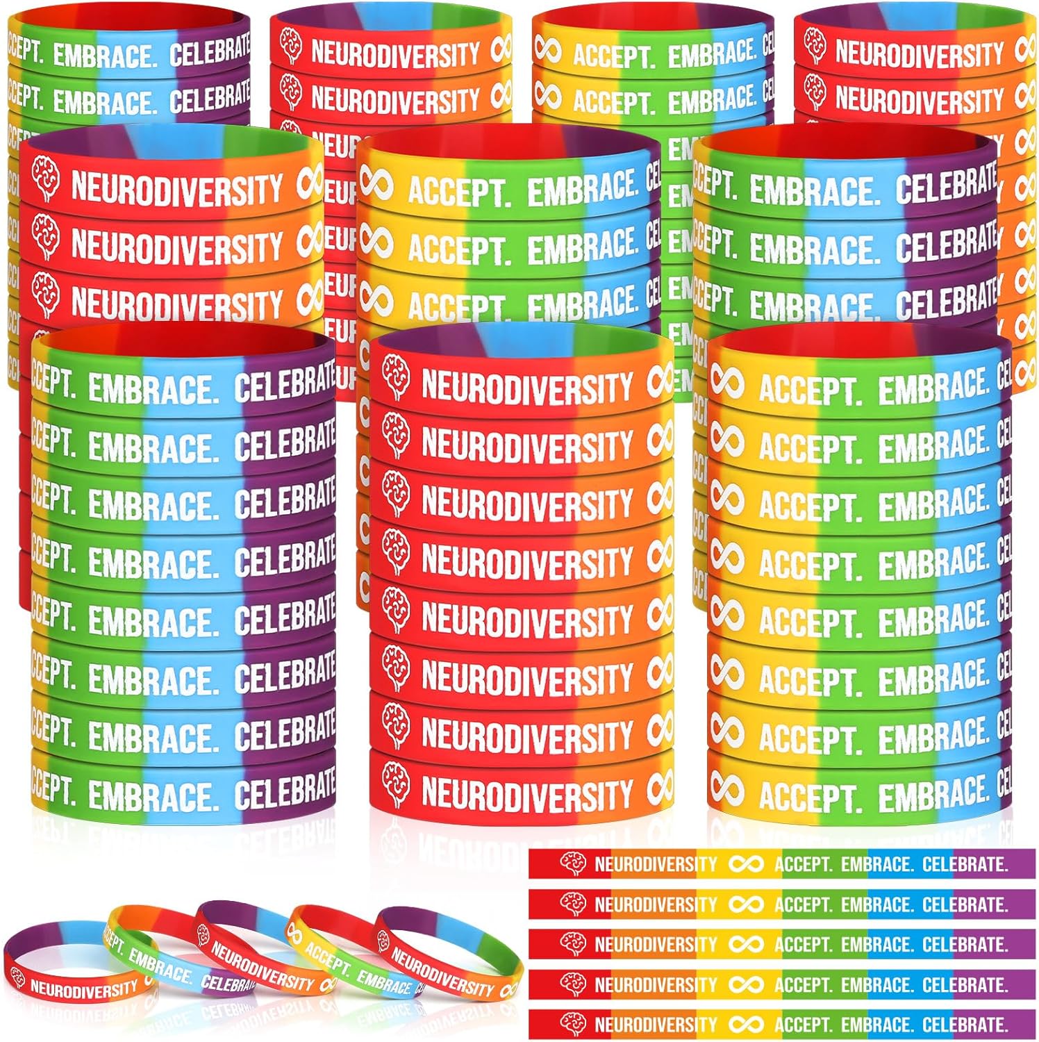 Kigeli 100 Pcs Neurodiversity Silicone Bracelets Bulk Autism Awareness Symbol Rainbow Rubber Wristbands Accept Embrace ASD ADHD Awareness Month Dyscalculia Dyslexia Dyspraxia Tourette Syndrome Gifts
