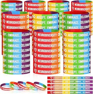 Kigeli 100 Pcs Neurodiversity Silicone Bracelets Bulk Autism Awareness Symbol Rainbow Rubber Wristbands Accept Embrace ASD ADHD Awareness Month Dyscalculia Dyslexia Dyspraxia Tourette Syndrome Gifts