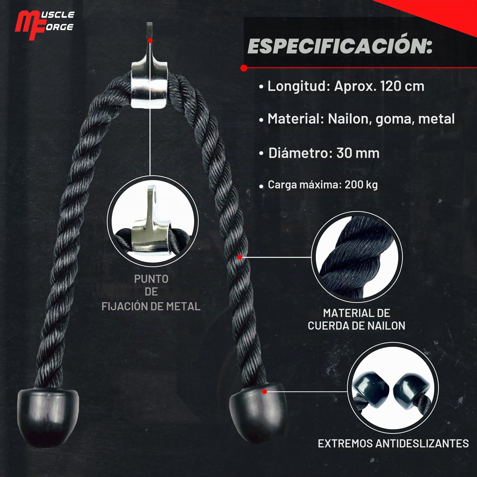 Cuerda Triceps Polea 120 Cm Extra Larga para Máquina Cable – Agarre Polea Gym para Bíceps y Hombros – Agarre Antideslizante de Nylon con Mosquetón – Resistencia 200 Kg – Extensión Total