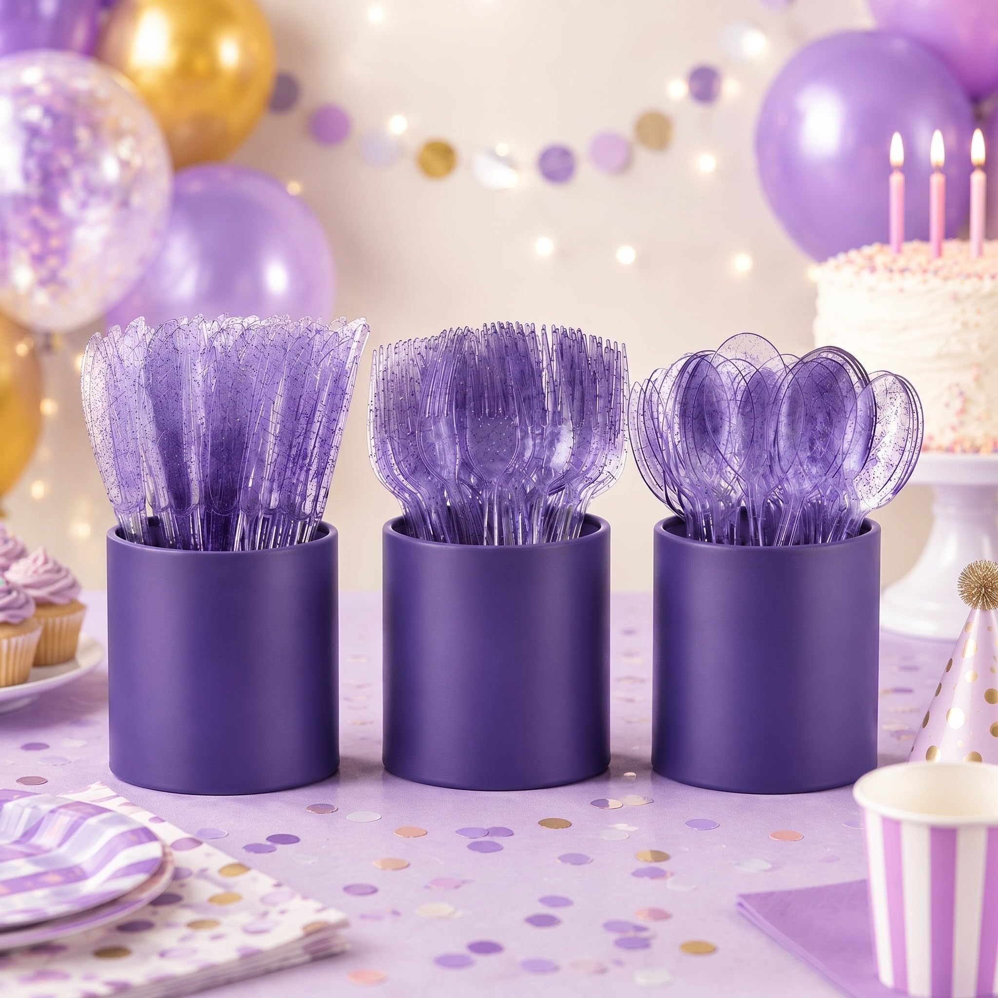 Domensi 150 Pcs Glitter Plastic Holder Cutlery Set for Kitchen, Purple