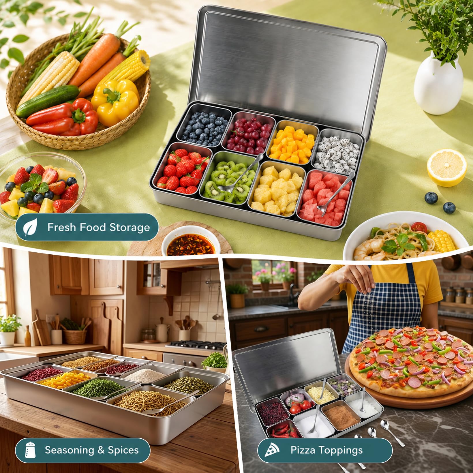 8 Gitter Pizza Zutatenbehälter, Zutatenbehälter Edelstahl mit Deckel und 8 Esslöffel, Pizza Topping Station fur für Gastro & Küche Gastro Behälter