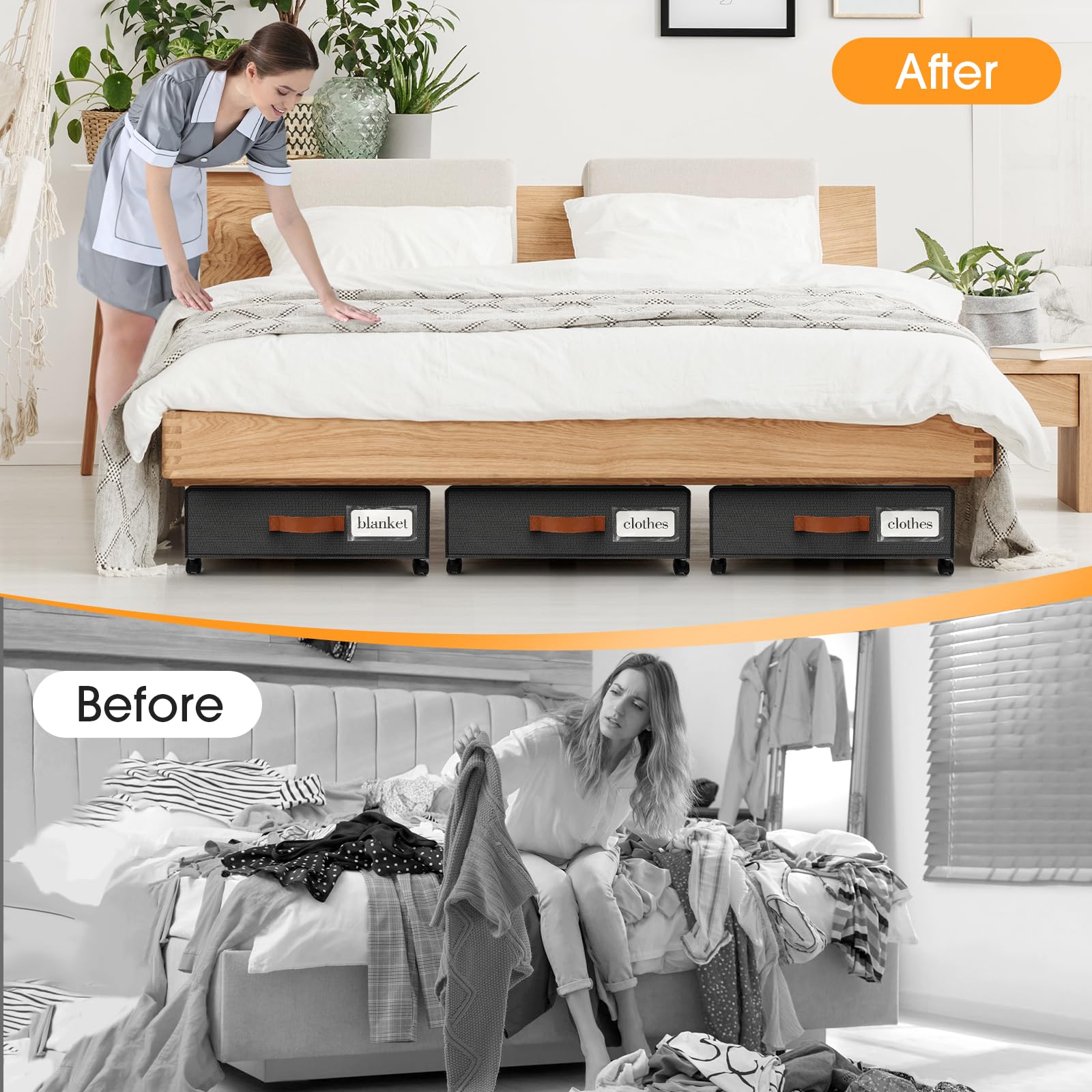 Contenitore sotto il letto con ruote, confezione da 3 contenitori con finestra trasparente