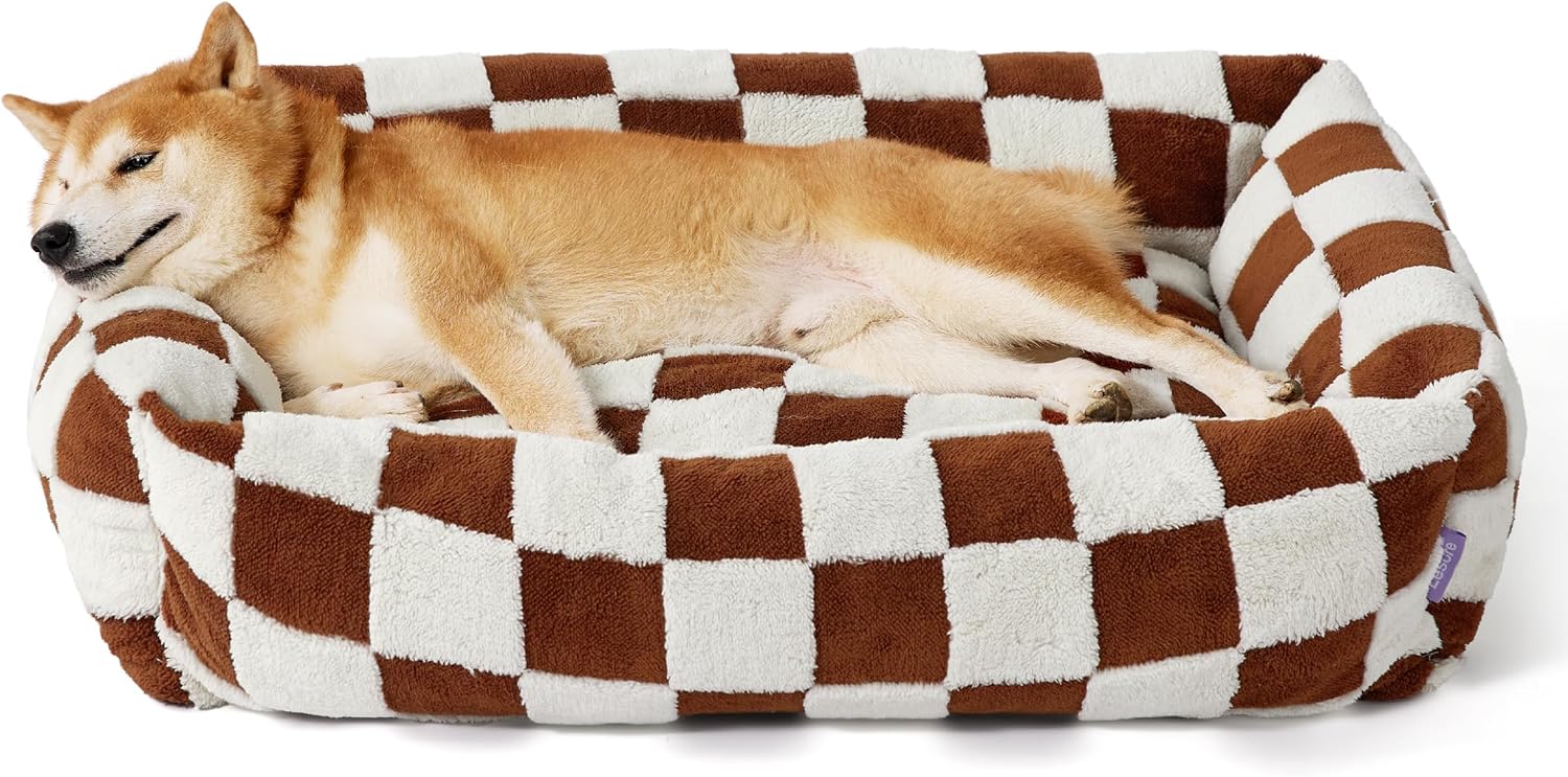 Lesure Cute Dog Bed for Large Dogs - Washable Pet Beds,Cozy Rectangle Orthopedic Sofa with Jacquard Shaggy Plush & Anti Slip Bottom,36x27x8inches 36"L x 27"W x 8"Th Brown Checks
