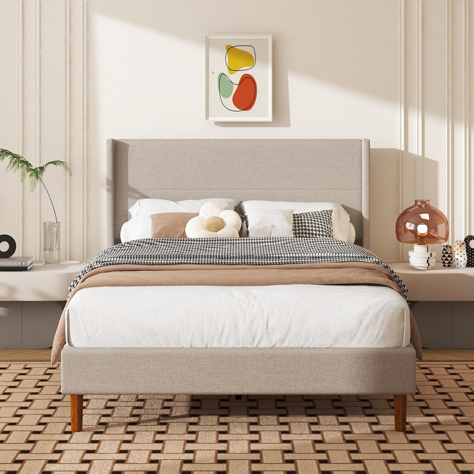 Photo 1 of Full Size Linen Platform Bed Frame with Wingback Upholstered Headboard