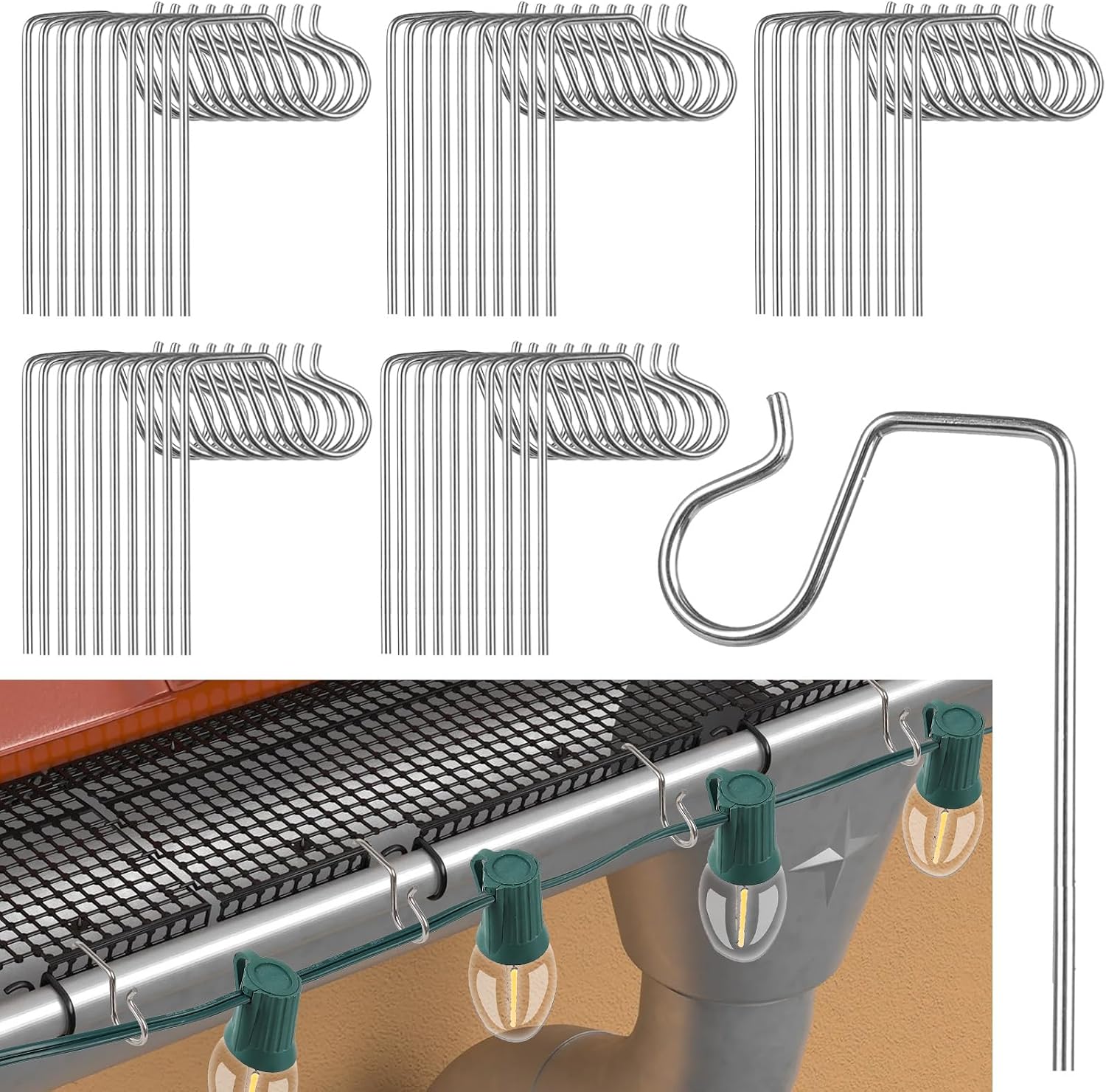 50 Pcs Stainless Steel Gutter Hooks for Outdoor Christmas Lights, Light Clips for Gutters with Mesh Leaf Guard, Light Hooks for Holiday Outdoor Hangers