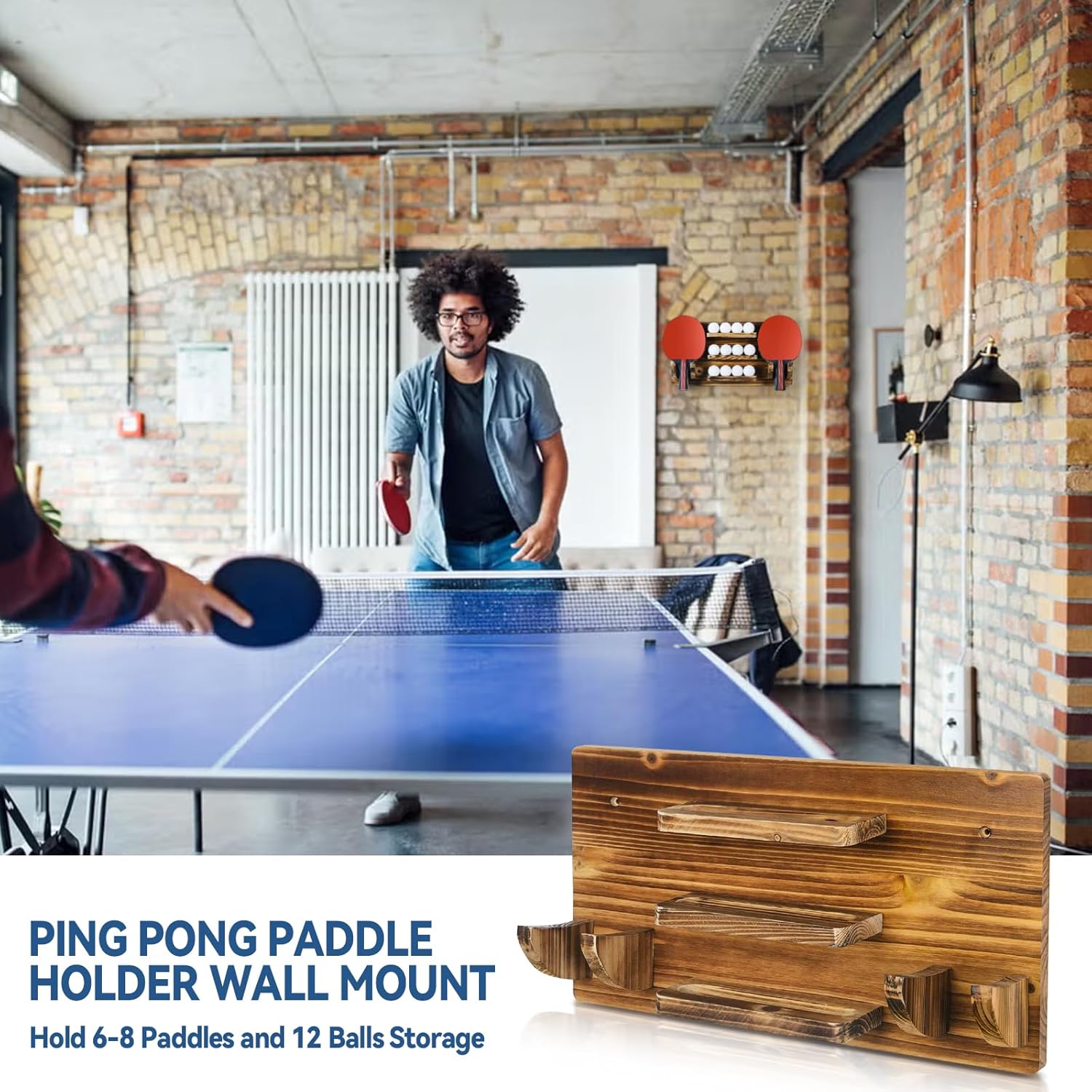 Ping Pong Paddle Holder, Wall-Mounted Table Tennis Paddle Holder, Holds 6 Paddles and 12 Balls, Suitable for Game Room, Office, Home