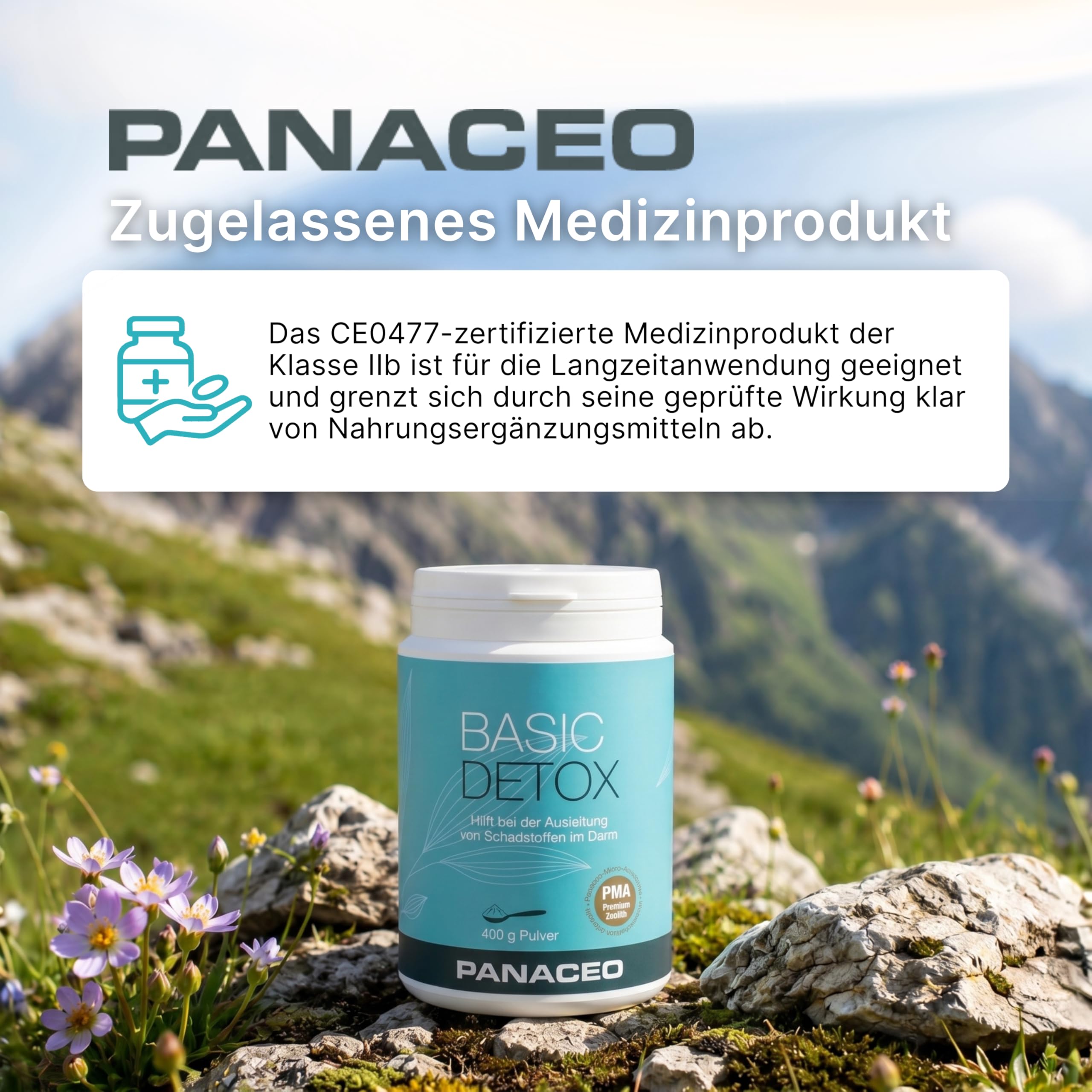 PANACEO Basic-Detox – Medizinprodukt Klasse IIb zur Entgiftung des Magen-Darm-Trakts – PMA-aktivierter Zeolith – zur Stärkung der Darmwand (400g)